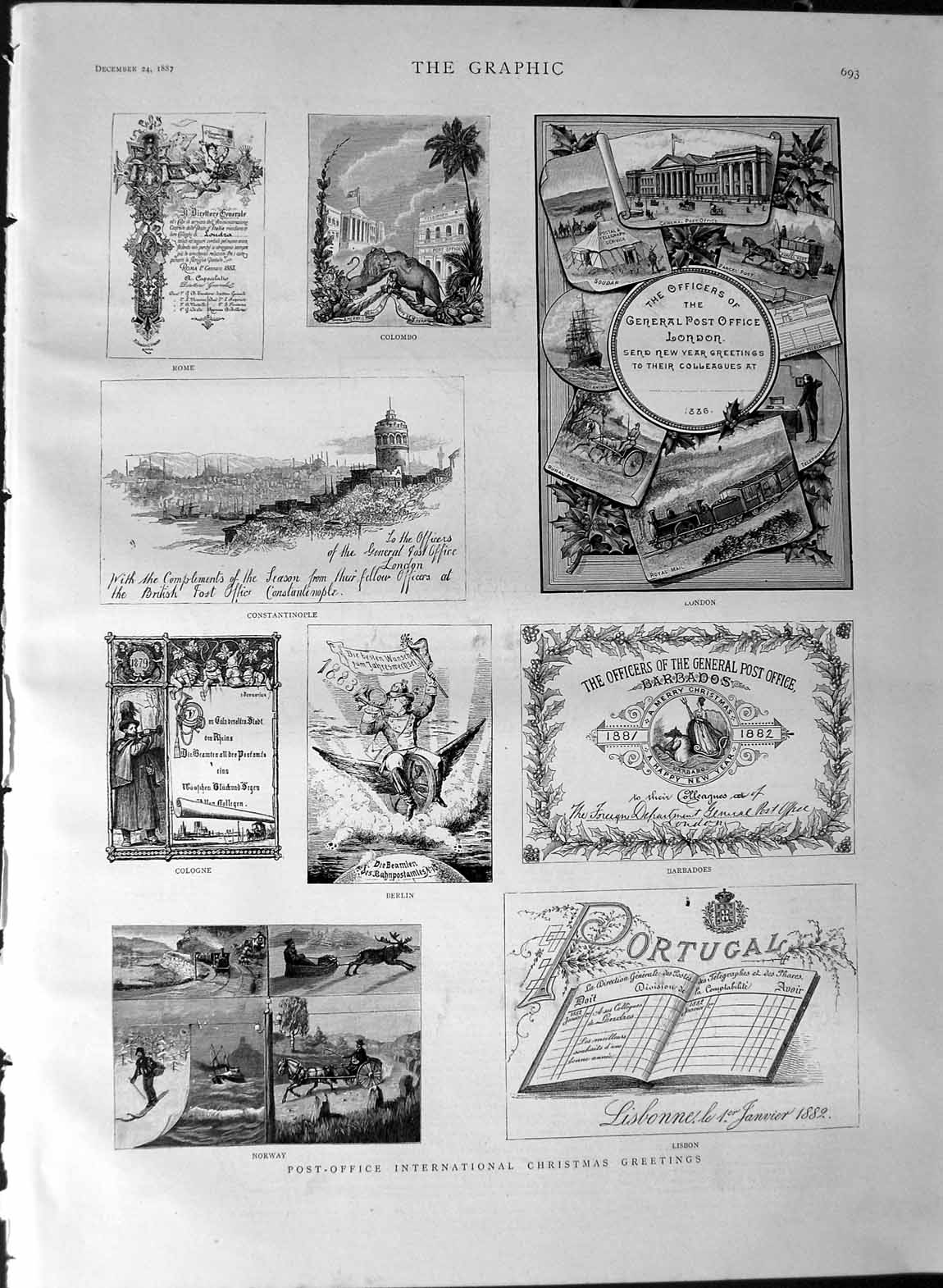 Original Old Antique Print 1887 Post Office Christmas Greetings London Lisbon