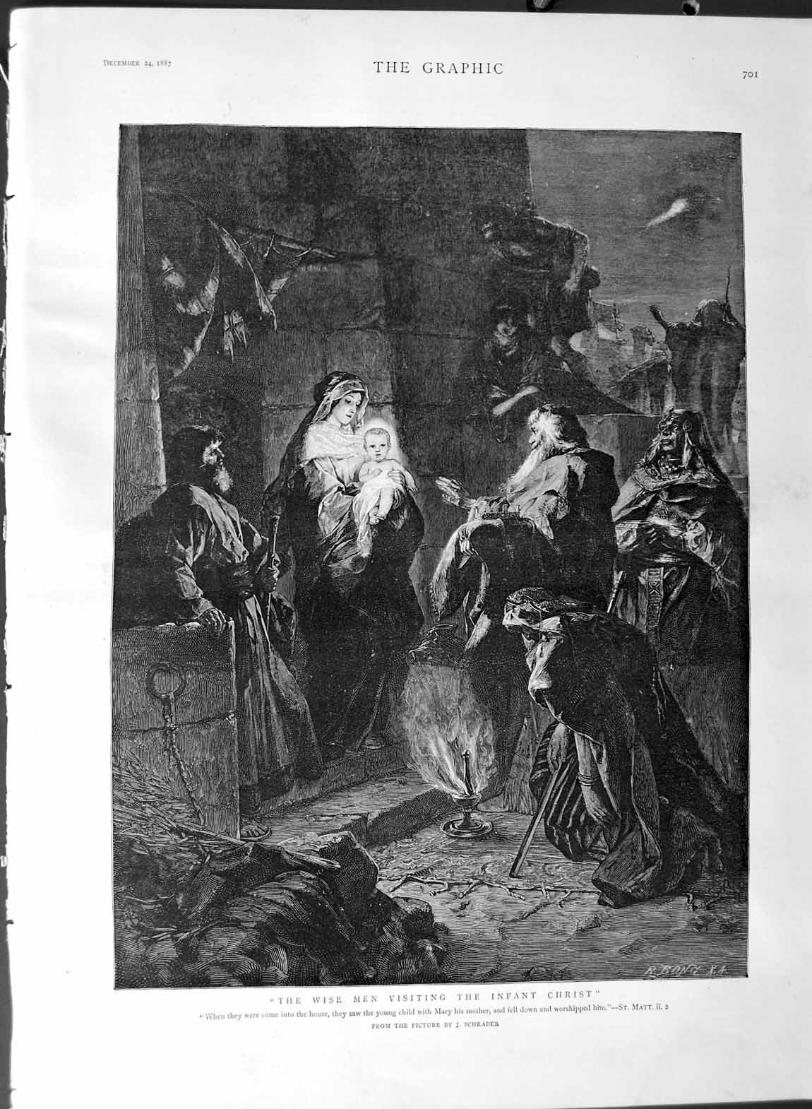 Old Antique Print 1887 Scene Wise Men Visiting Baby Jesus Mary Schrader 19th