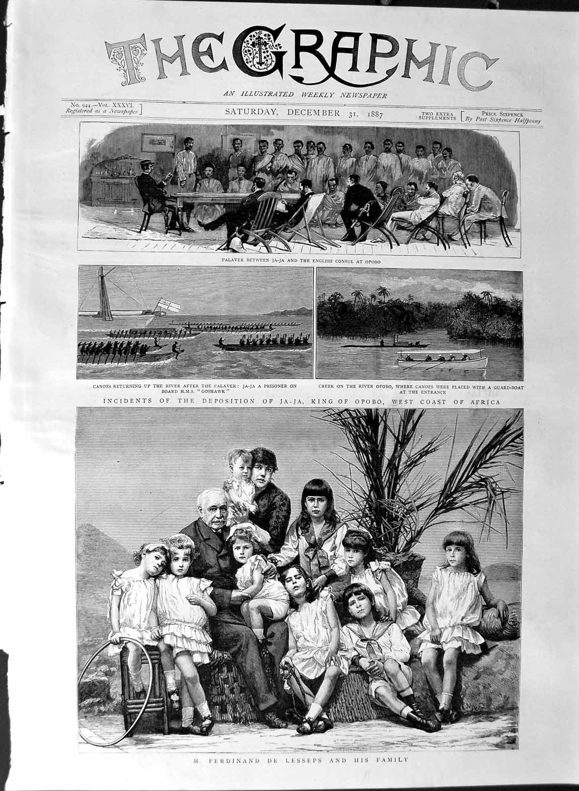 Original Old Antique Print 1887 Ferdinand Lesseps Family Africa Ja-Ja Kin 19th