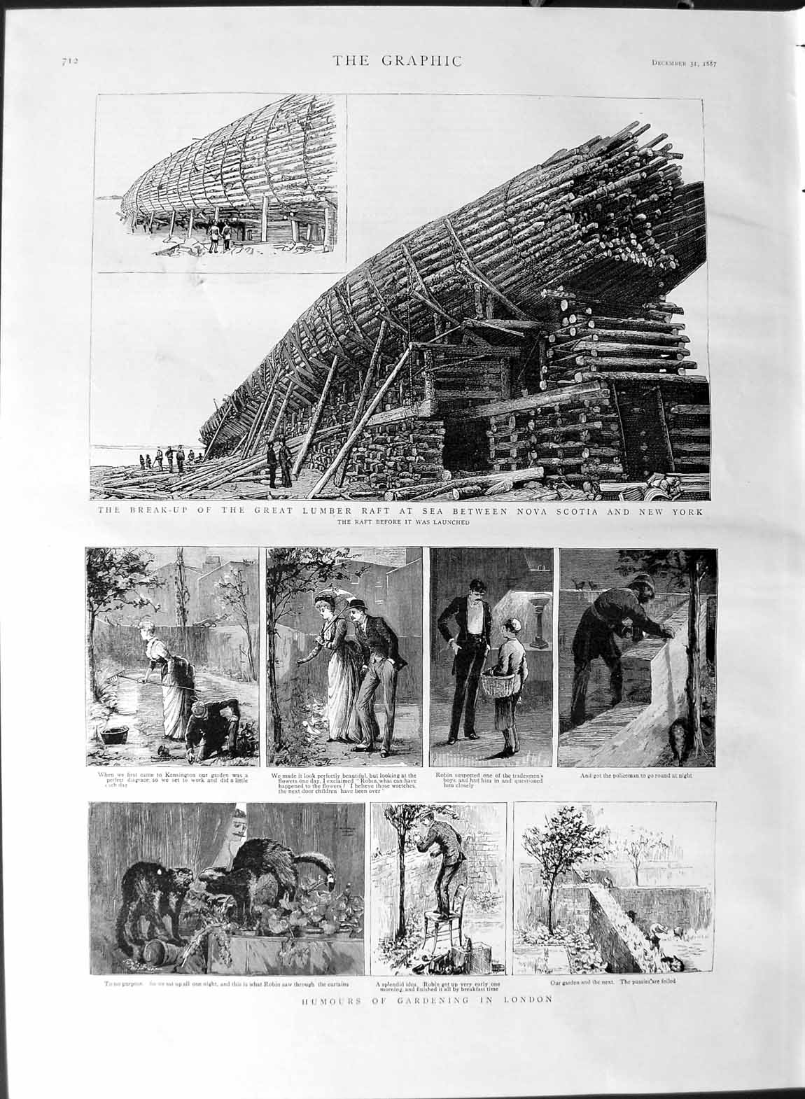 Original Old Antique Print 1887 Lumber Raft Nova Scotia Gardening Humour 19th