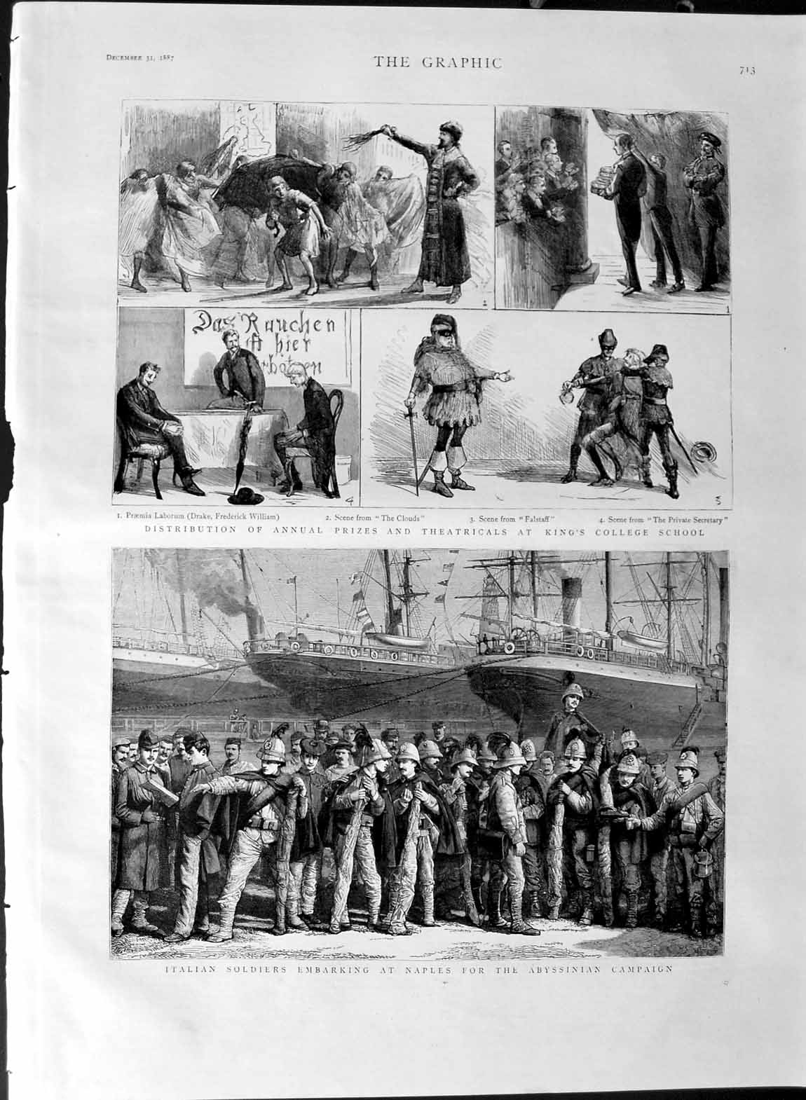 Original Old Antique Print 1887 Theatre King'S College Italian Siers Naples War