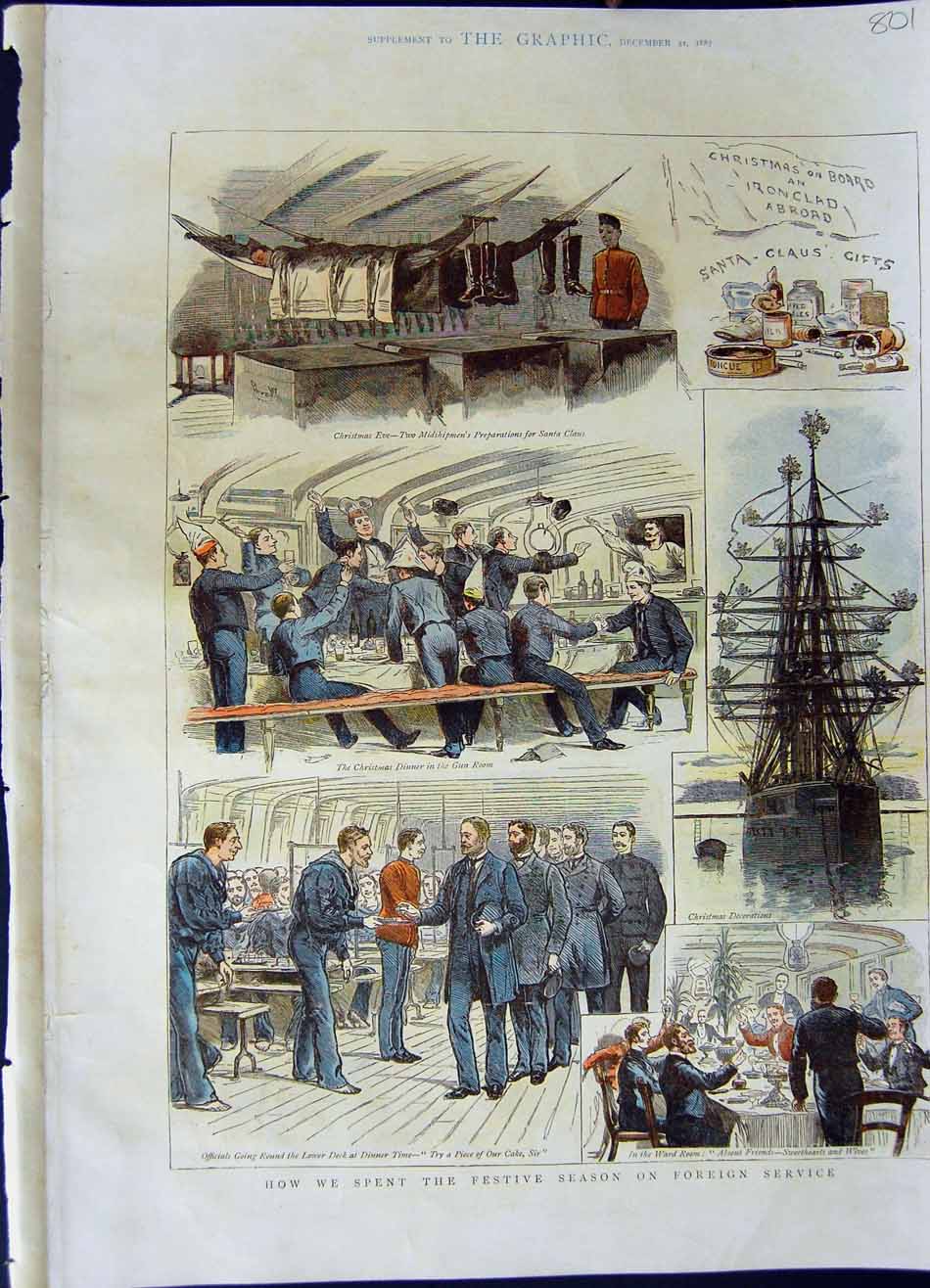 Original Old Antique Print 1887 Christmas Ironclad Ship Sailors War Presents