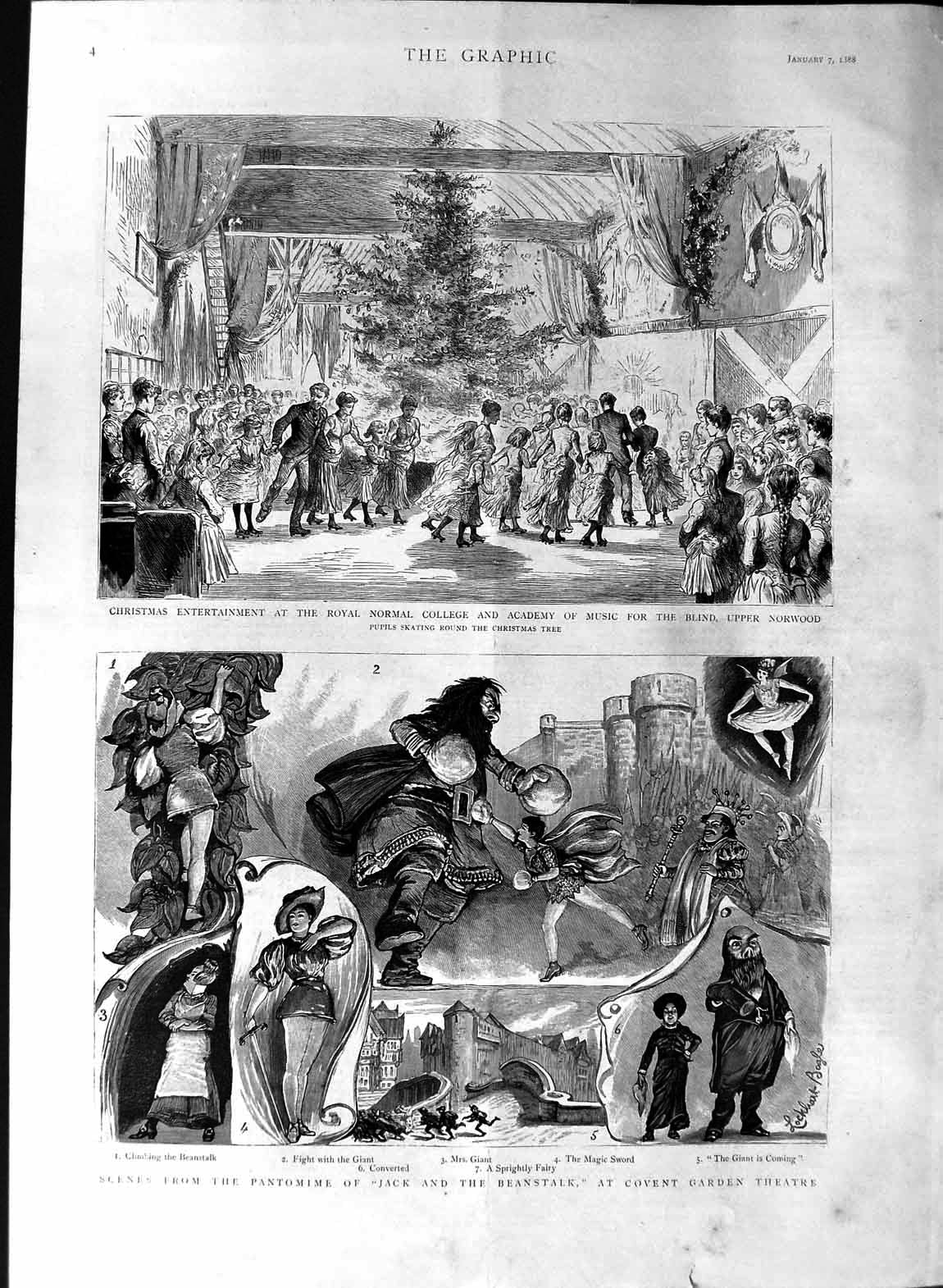 Original Old Antique Print 1888 Pantomime Jack Beanstalk Covent Theatre Norwood