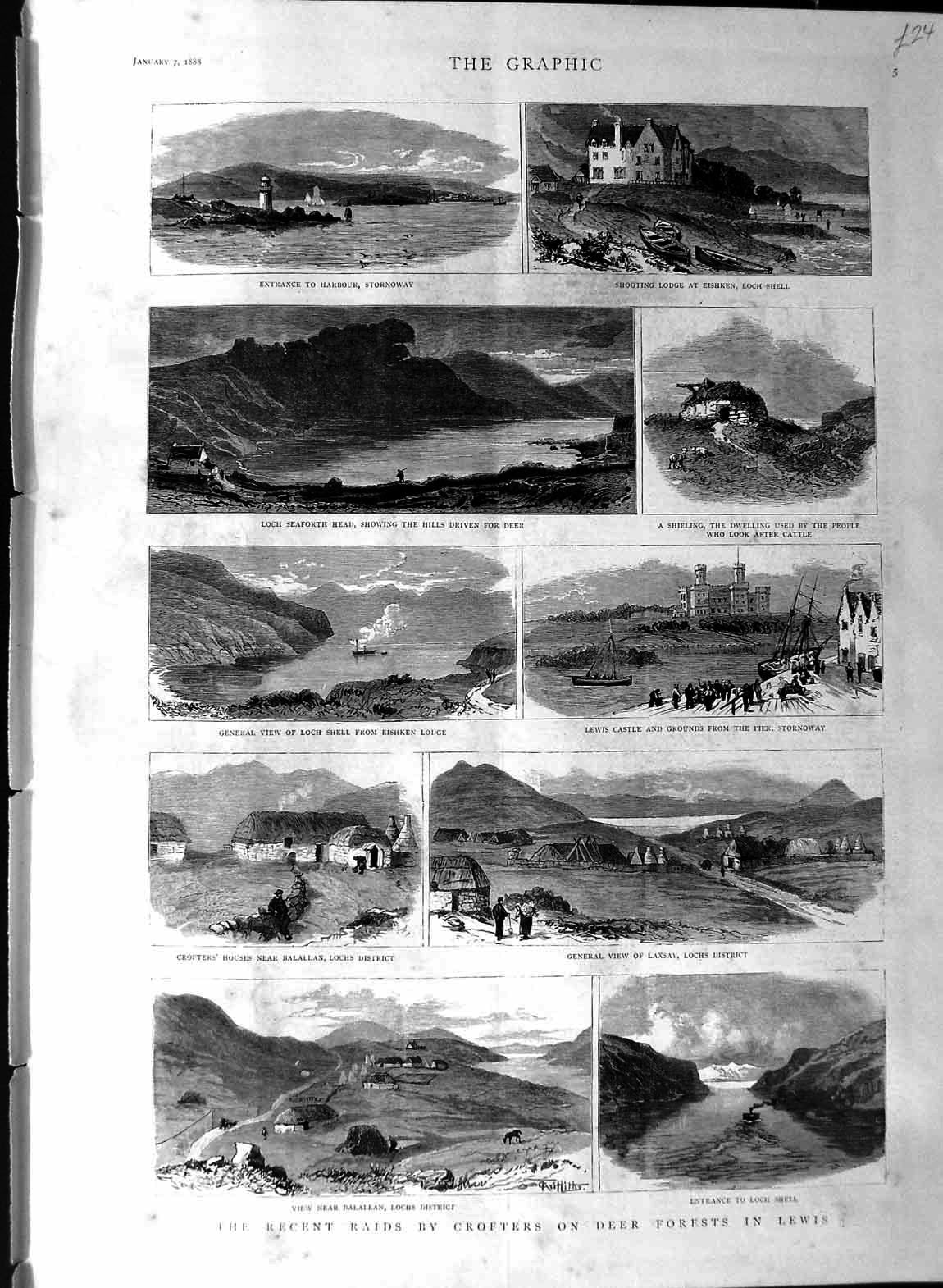 Old Antique Print 1888 Crofters Raids Deer Forests Lewis Scotland Castle 19th