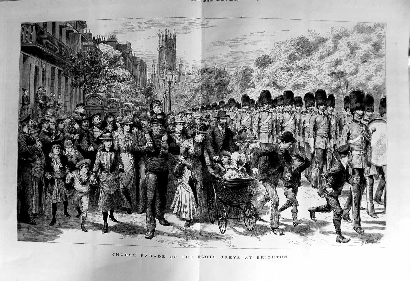 Original Old Antique Print 1888 Church Parade Scots Greys Brighton Fine Art 0