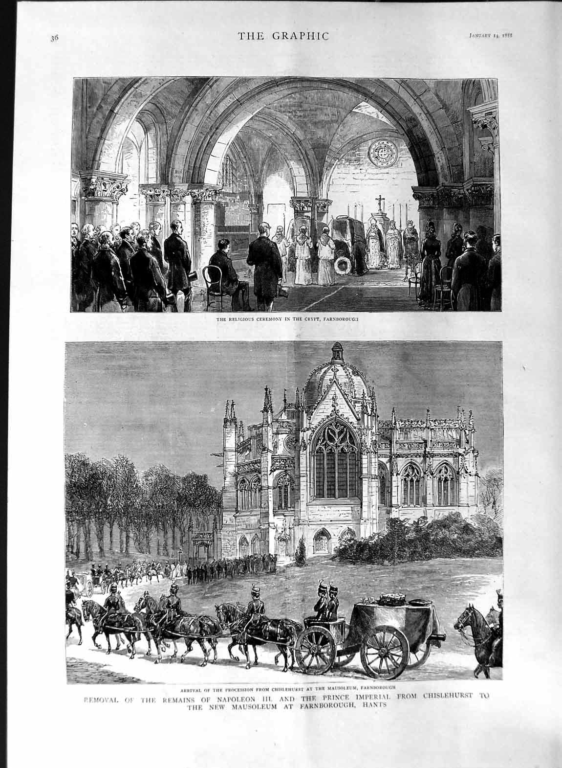 Old Antique Print 1888 Crypt Farnborough Napoleon Chiselhurst Mausoleum 19th