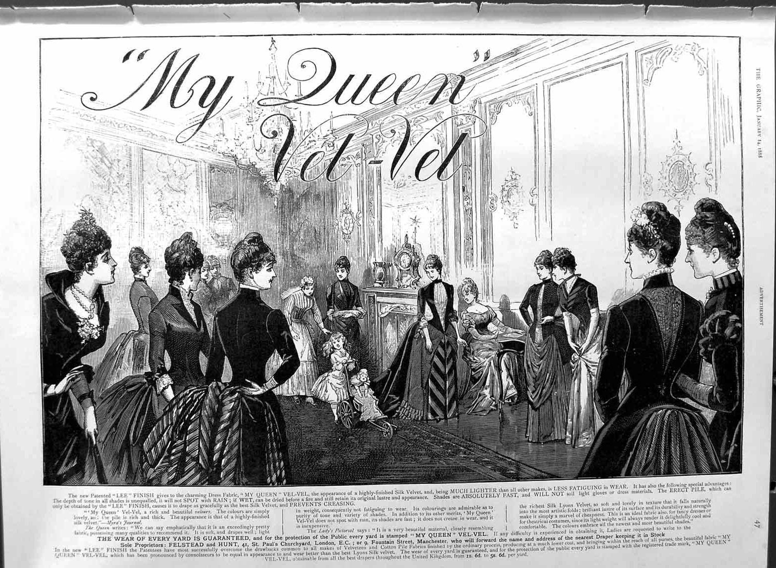 Original Old Antique Print 1888 Advertisement My Queen Vel-Vel Material 19th