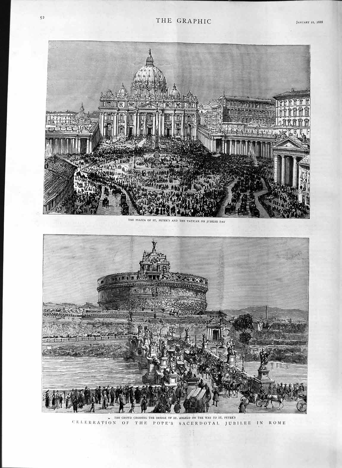 Original Old Antique Print 1888 St. Angelo Pope Sacerdotal Rome Piazza Vatican