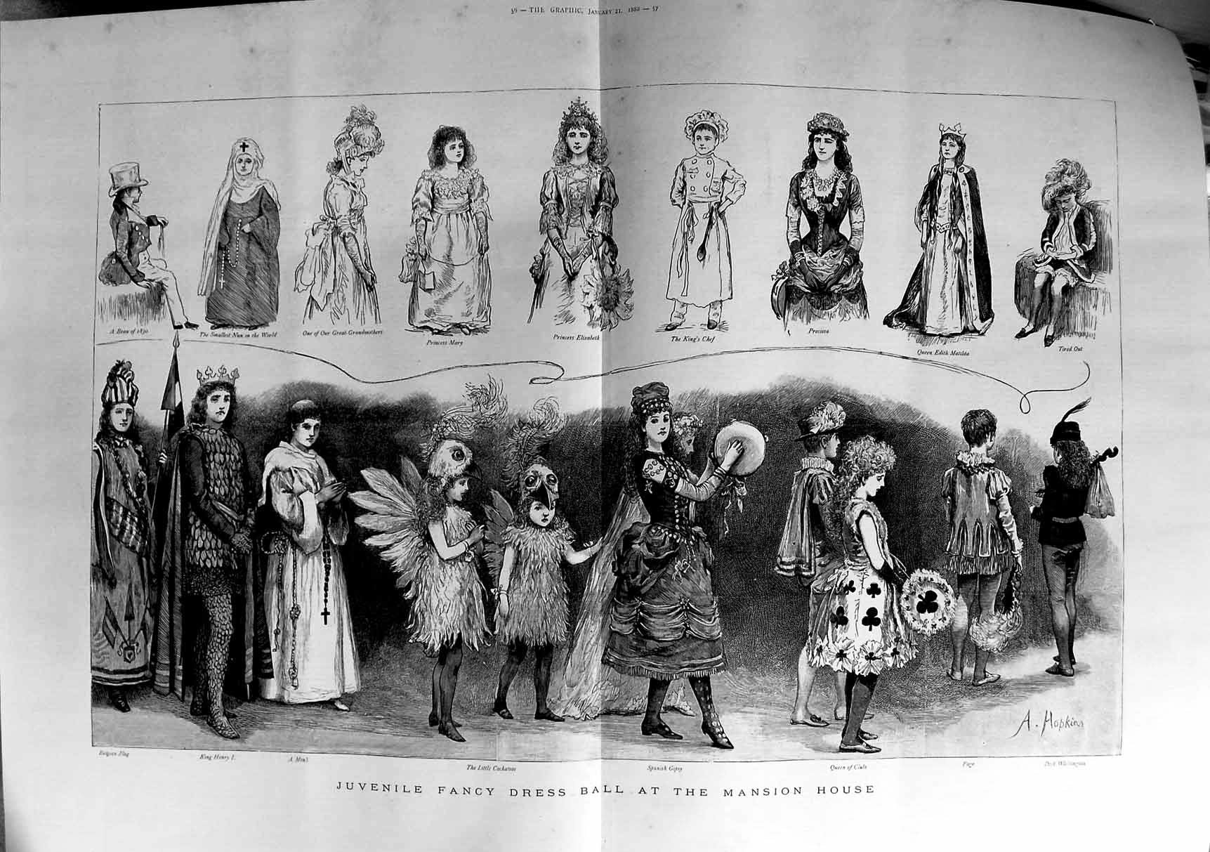 Old Antique Print 1888 Children Fancy Dress Ball Mansion House Costumes 0 19th