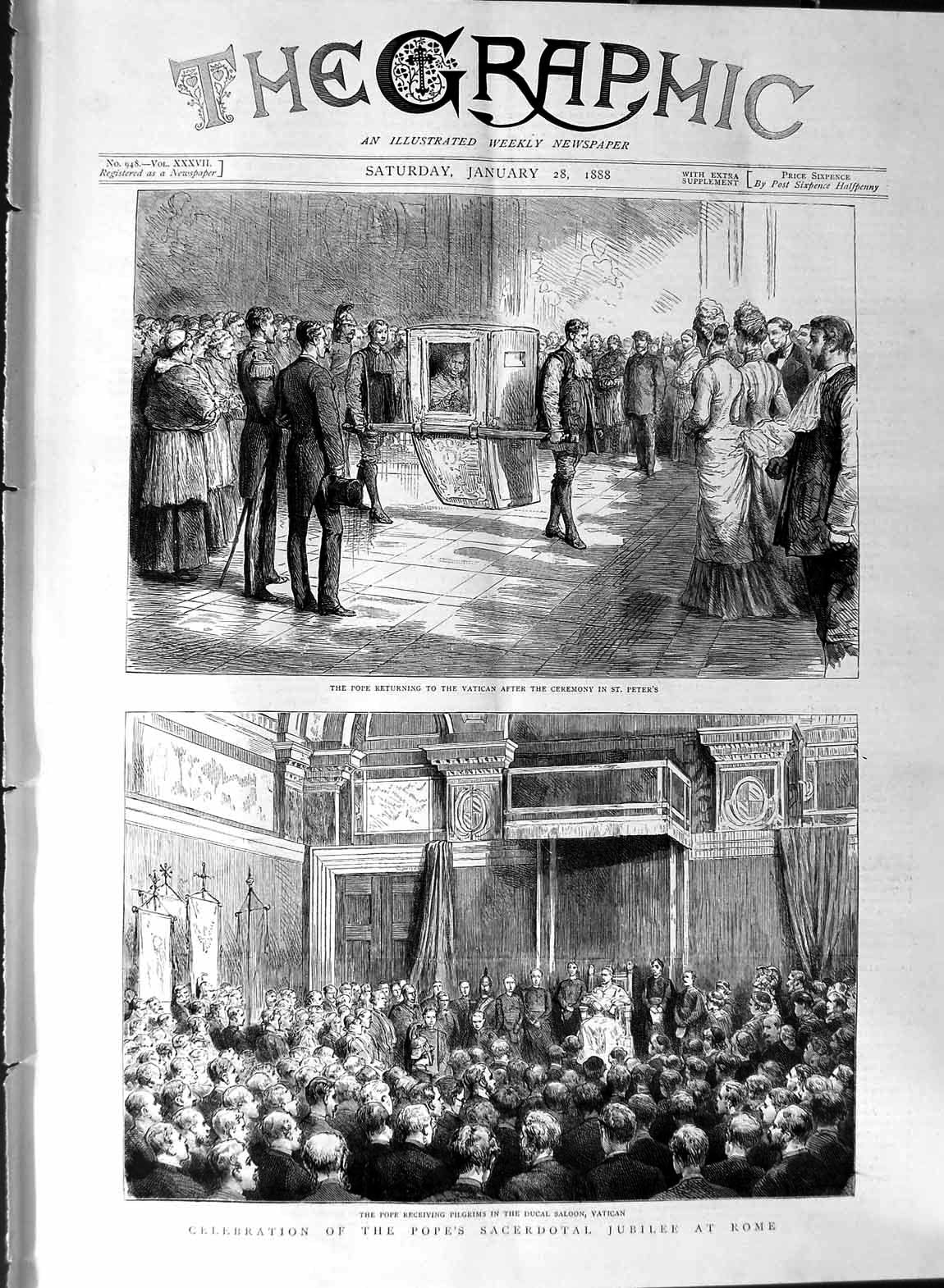 Old Antique Print 1888 Pope Sacerdotal Jubilee Rome Vatican Peter'S Ducal 19th