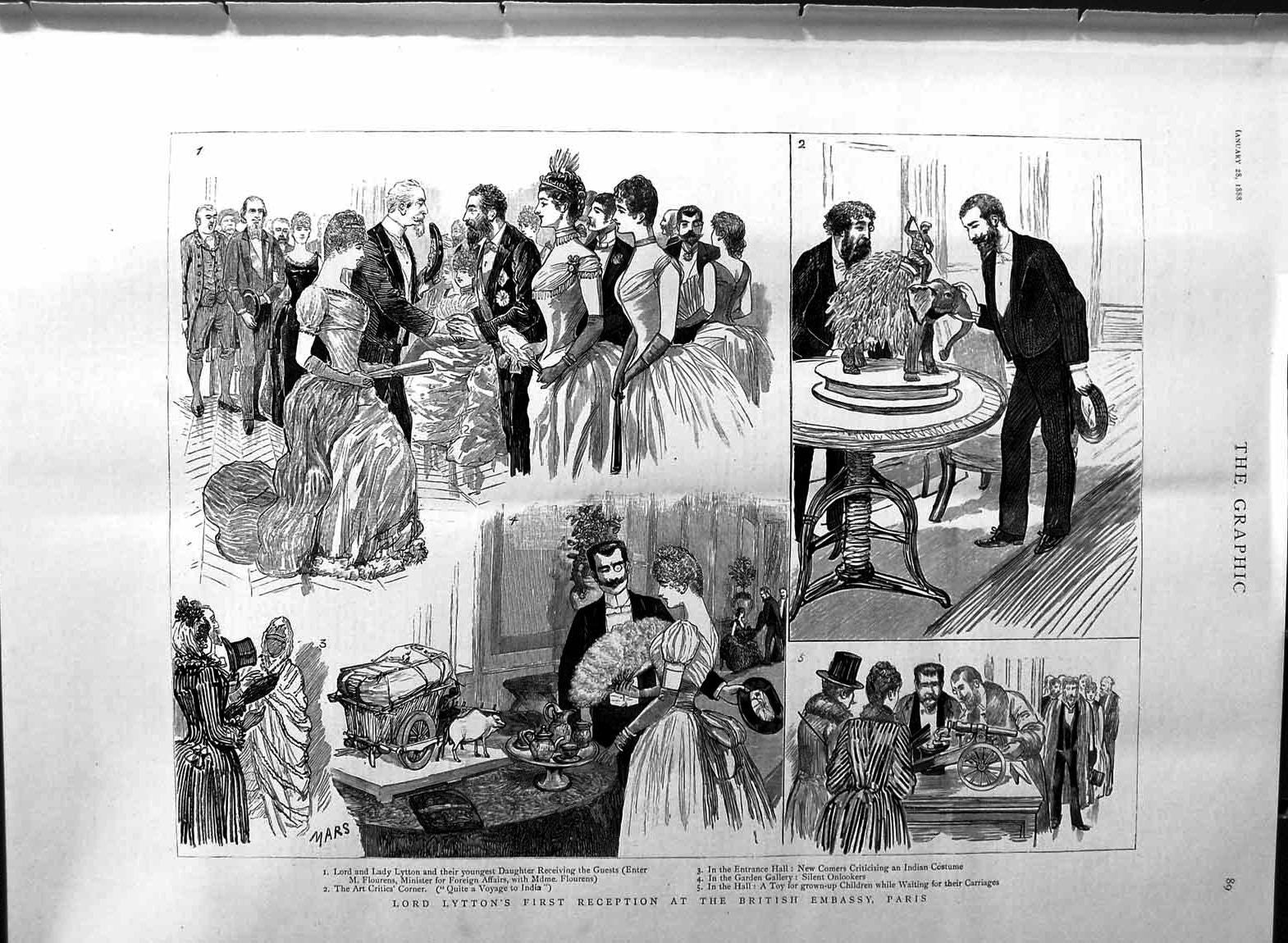 Original Old Antique Print 1888 Lord Lytton British Embassy Paris Flourens 19th