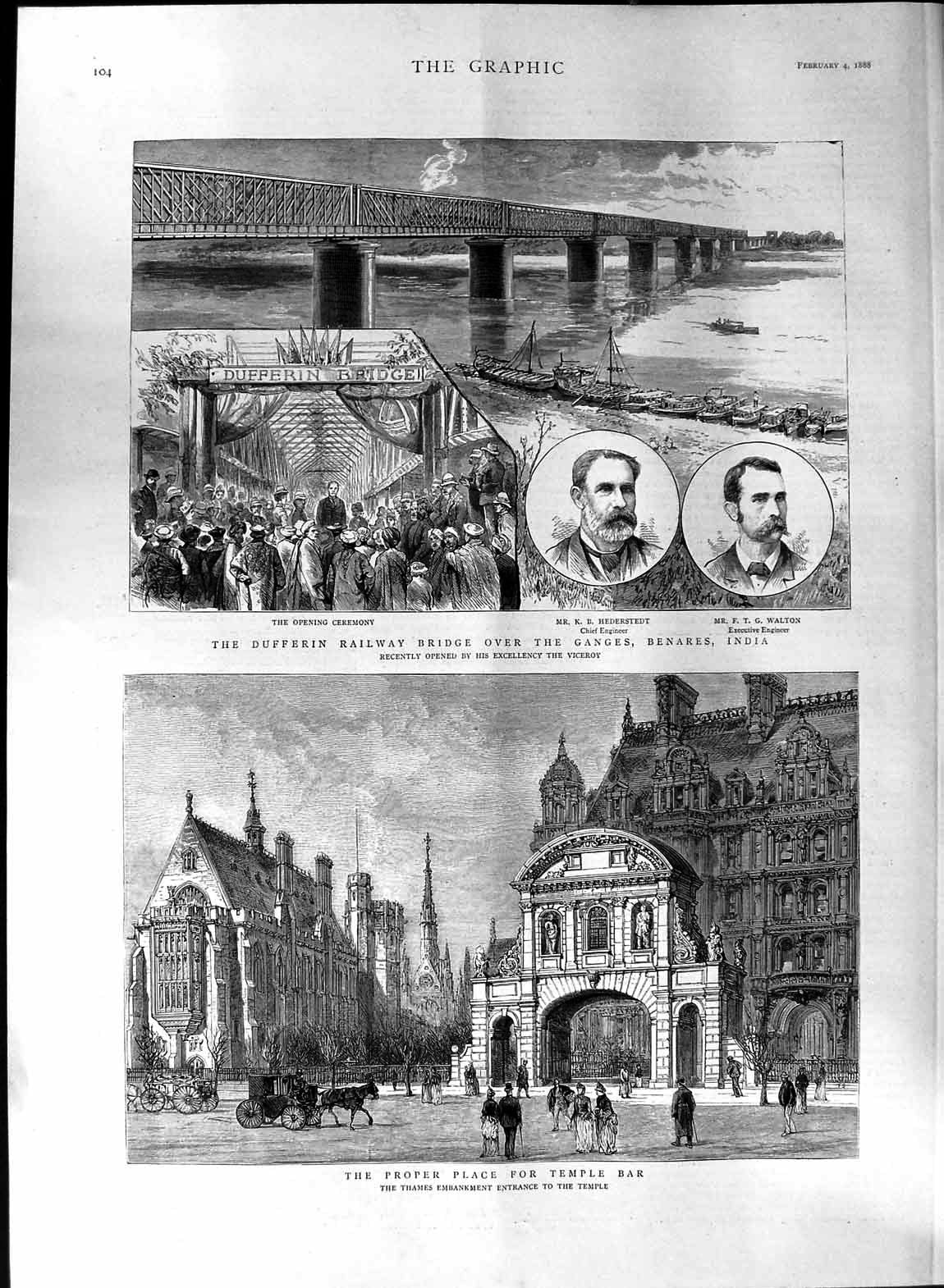 Old Antique Print 1888 Temple Bar London Dufferin Railway Benares India 19th
