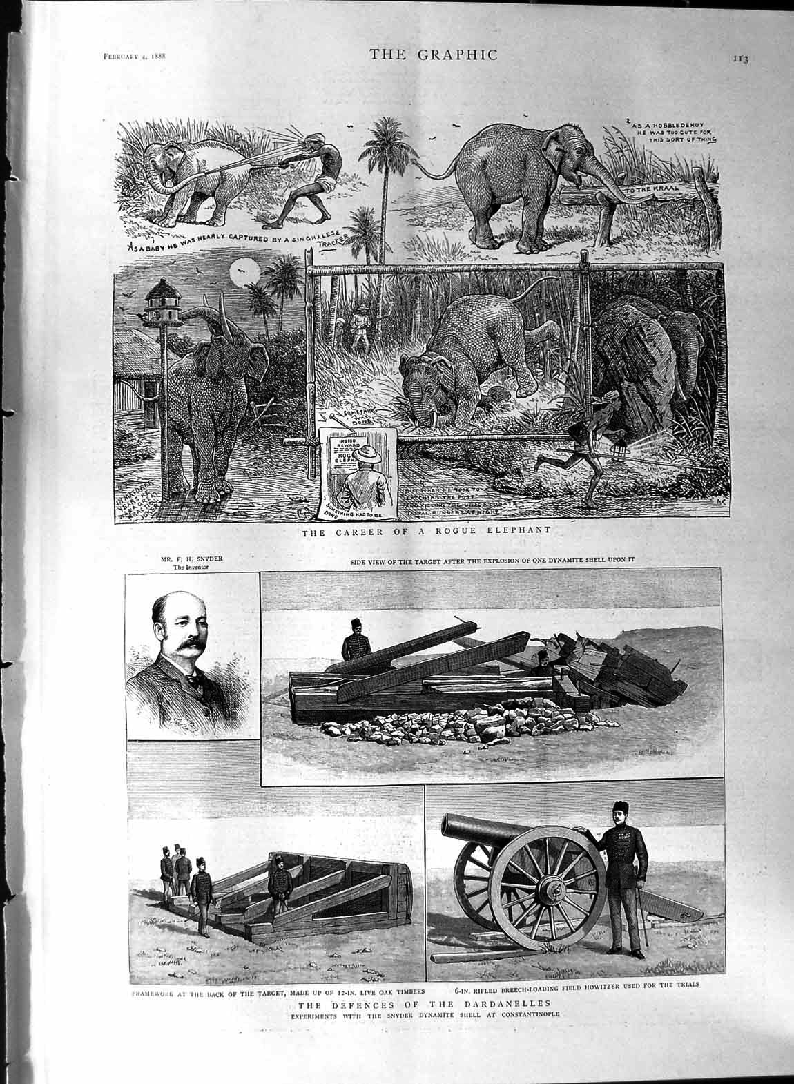 Original Old Antique Print 1888 Dardanelles Defences Howitzer Snyder Elephant