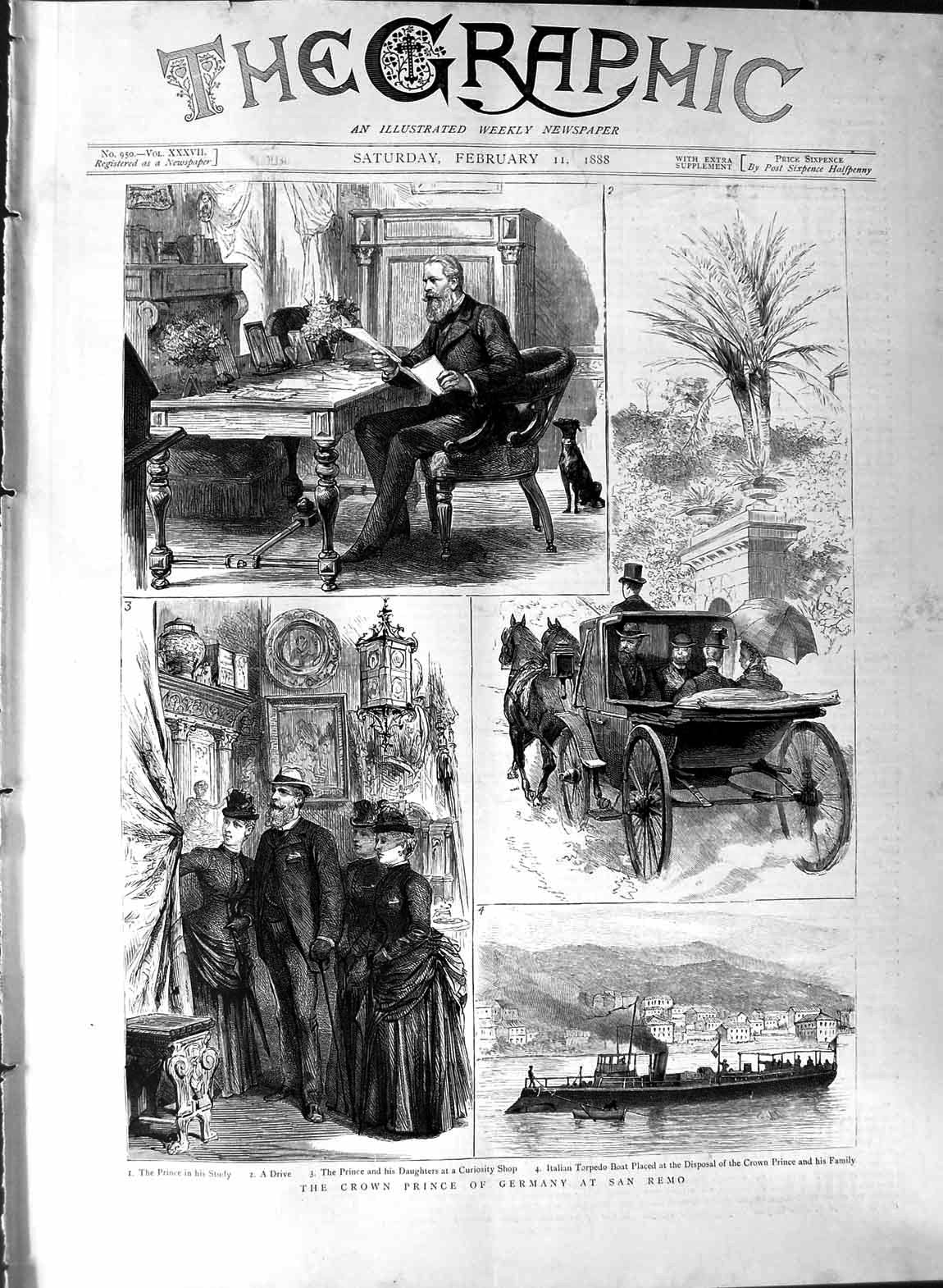 Original Old Antique Print 1888 Crown Prince Germany San Remo Ship Torpedo Boat