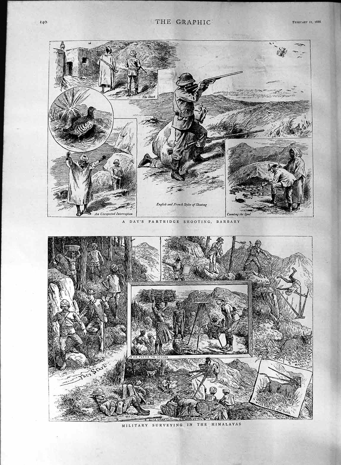 Original Old Antique Print 1888 Partridge Shooting Barbary Himalayas Surveying