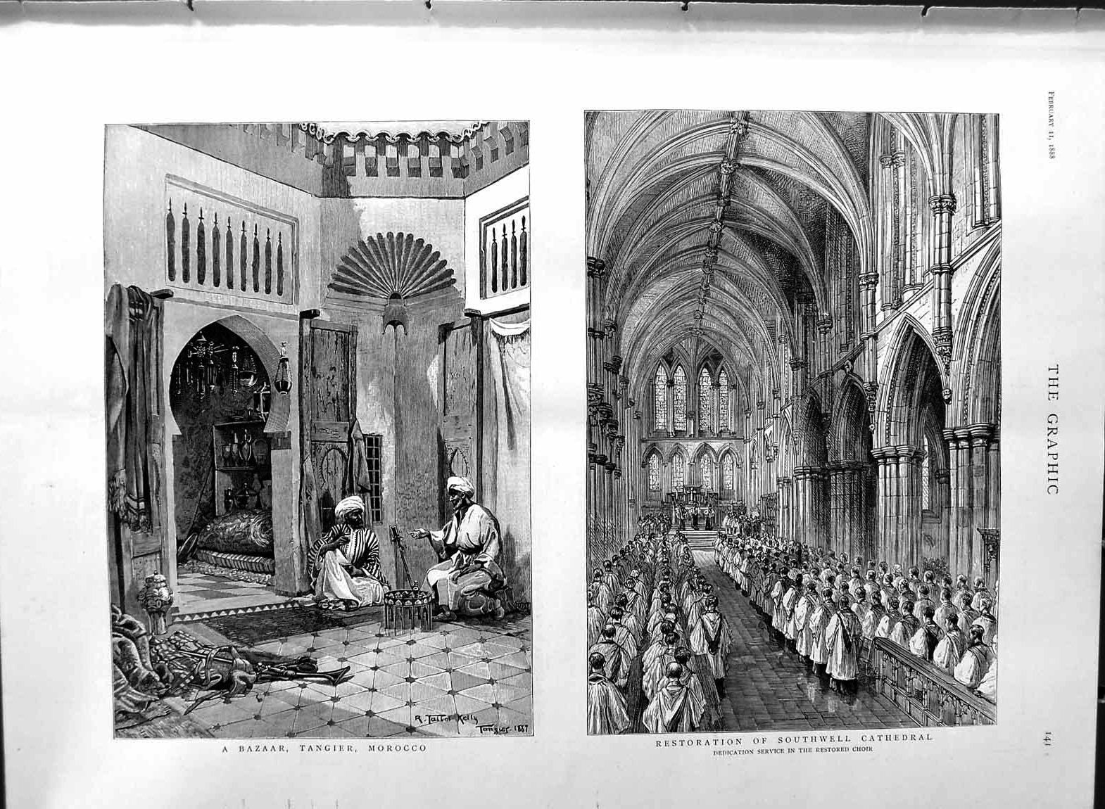 Old Antique Print 1888 Bazaar Tangier Morocco Southwell Cathedral Choir 19th