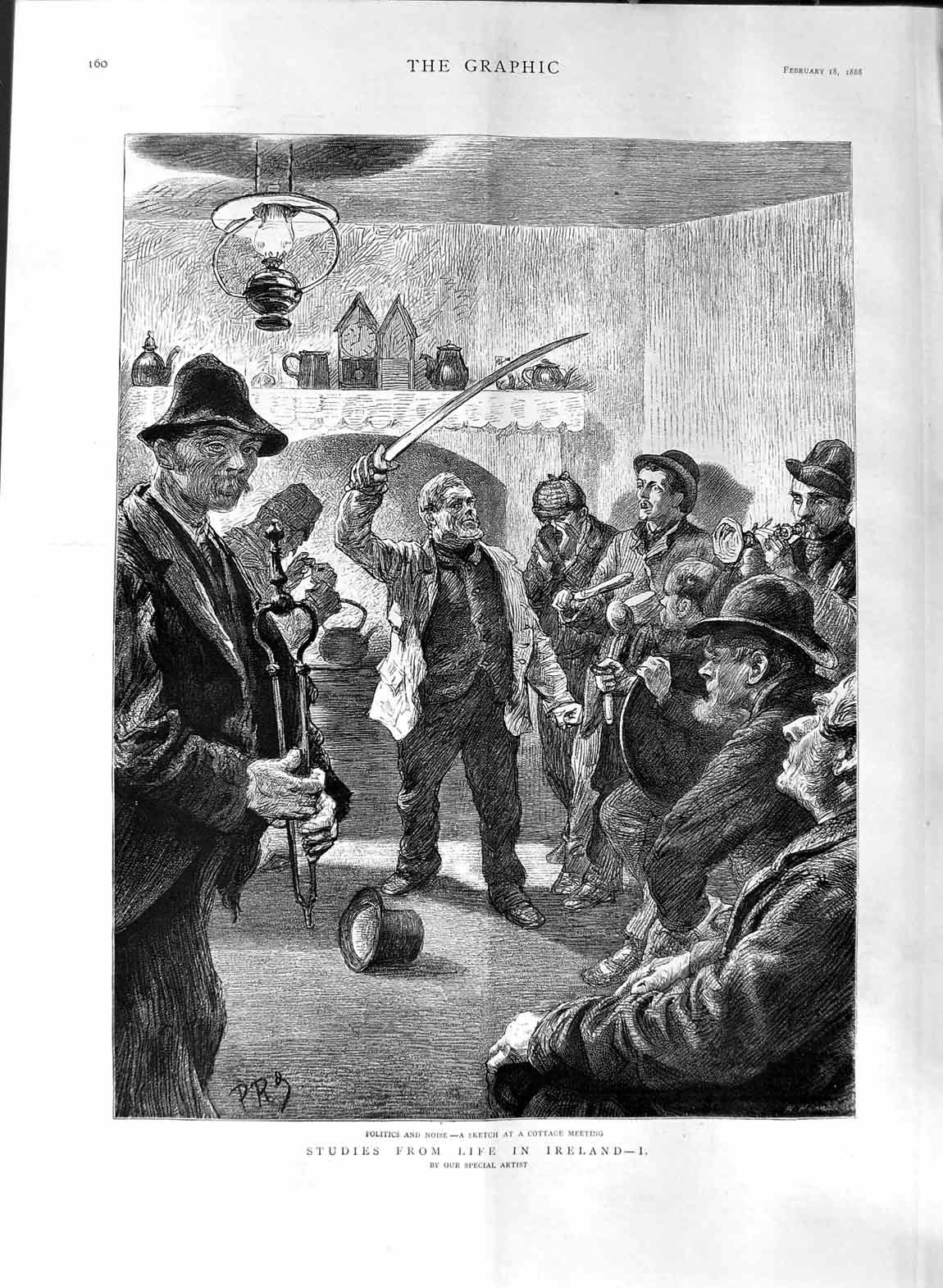 Old Antique Print 1888 Life Ireland Cottage Meeting Politics Noise People 19th