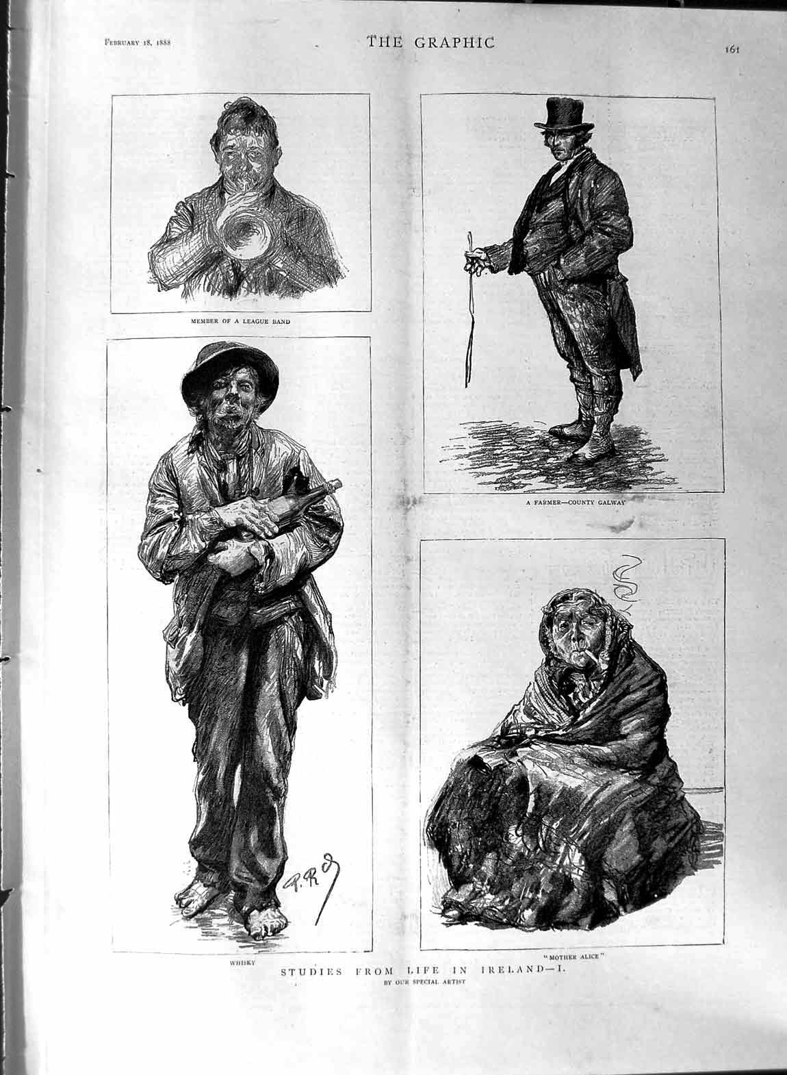 Original Old Antique Print 1888 Life Ireland Man Whisky Lady Farmer Galway 19th