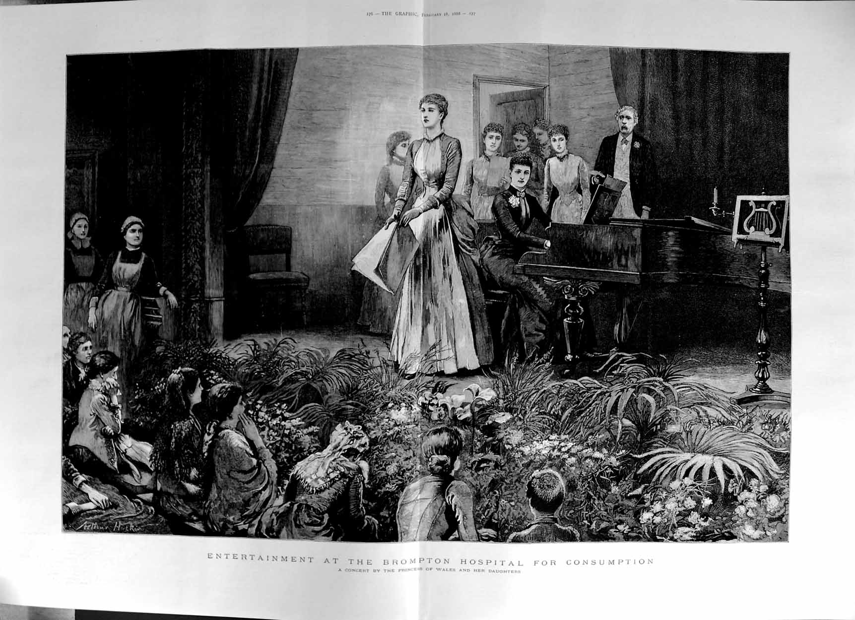 Original Old Antique Print 1888 Princess Wales Concert Brompton Hospital Music