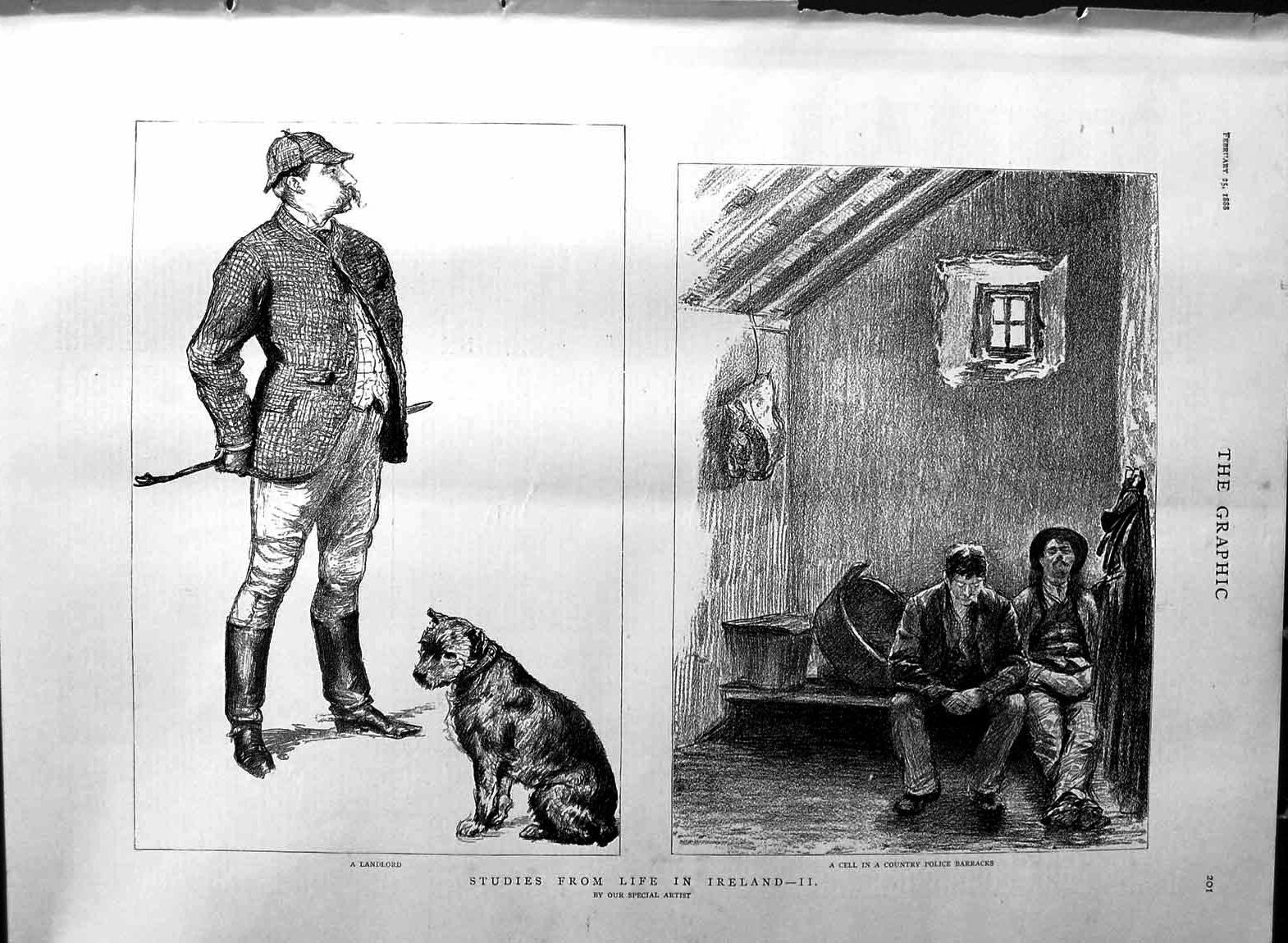 Old Antique Print 1888 Life Ireland Landlord Man Country Police Barracks 19th