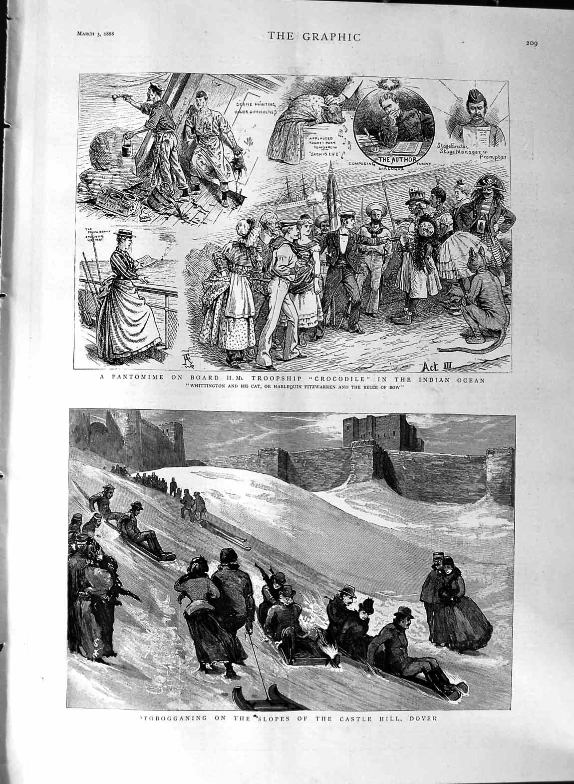 Old Antique Print 1888 Tobogganing Slopes Castle Dover Pantomime Ship War 19th