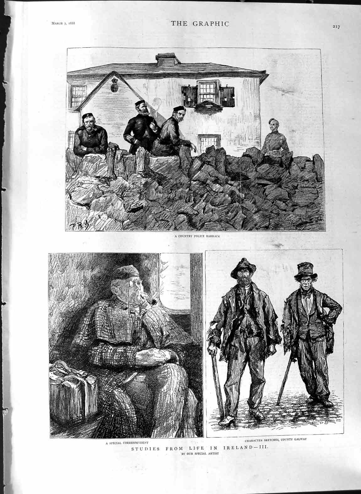 Original Old Antique Print 1888 Life Ireland Country Police Barrack Galway Men