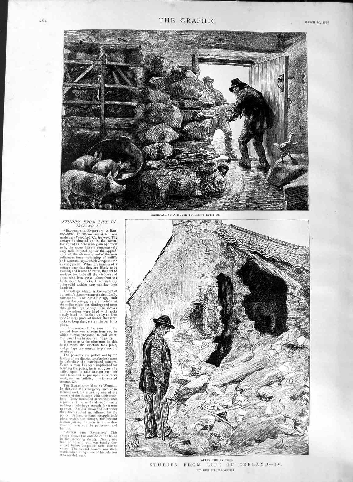 Old Antique Print 1888 Life Ireland Family House Eviction Barricade Scene 19th