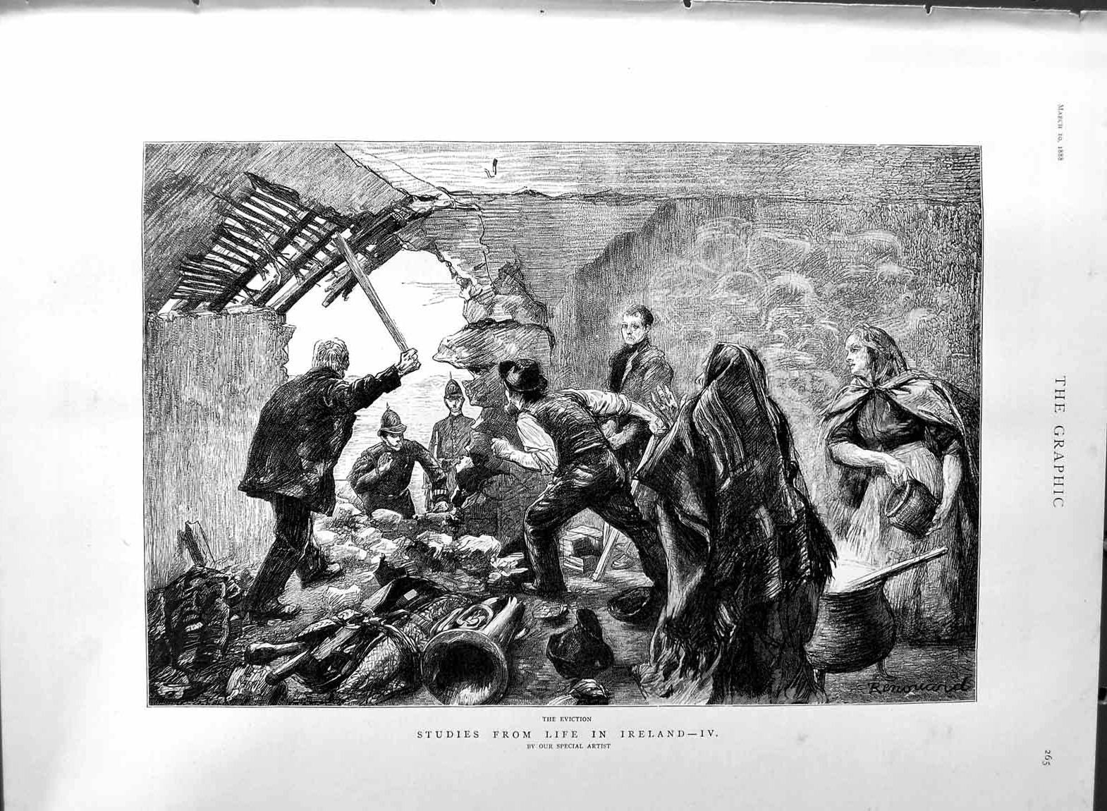Original Old Antique Print 1888 Life Ireland Policemen Eviction House Family