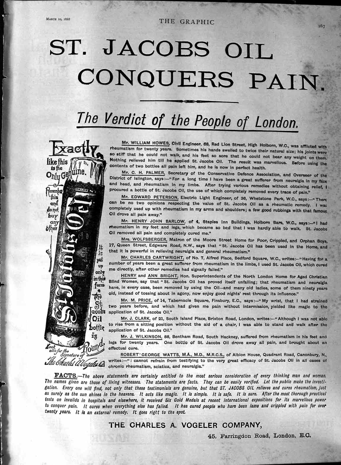 Old Antique Print 1888 Advertisement St. Jacobs Oil Conquers Pain Vogeler 19th