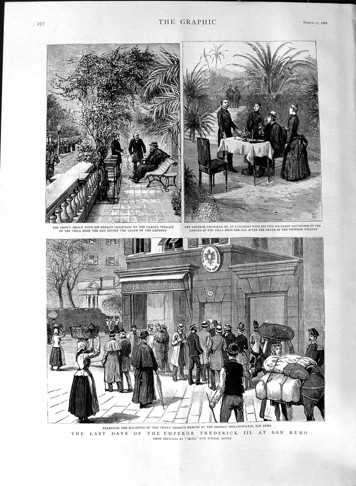 Original Old Antique Print 1888 Emperor Frederick San Remo Prince Villa Zirio