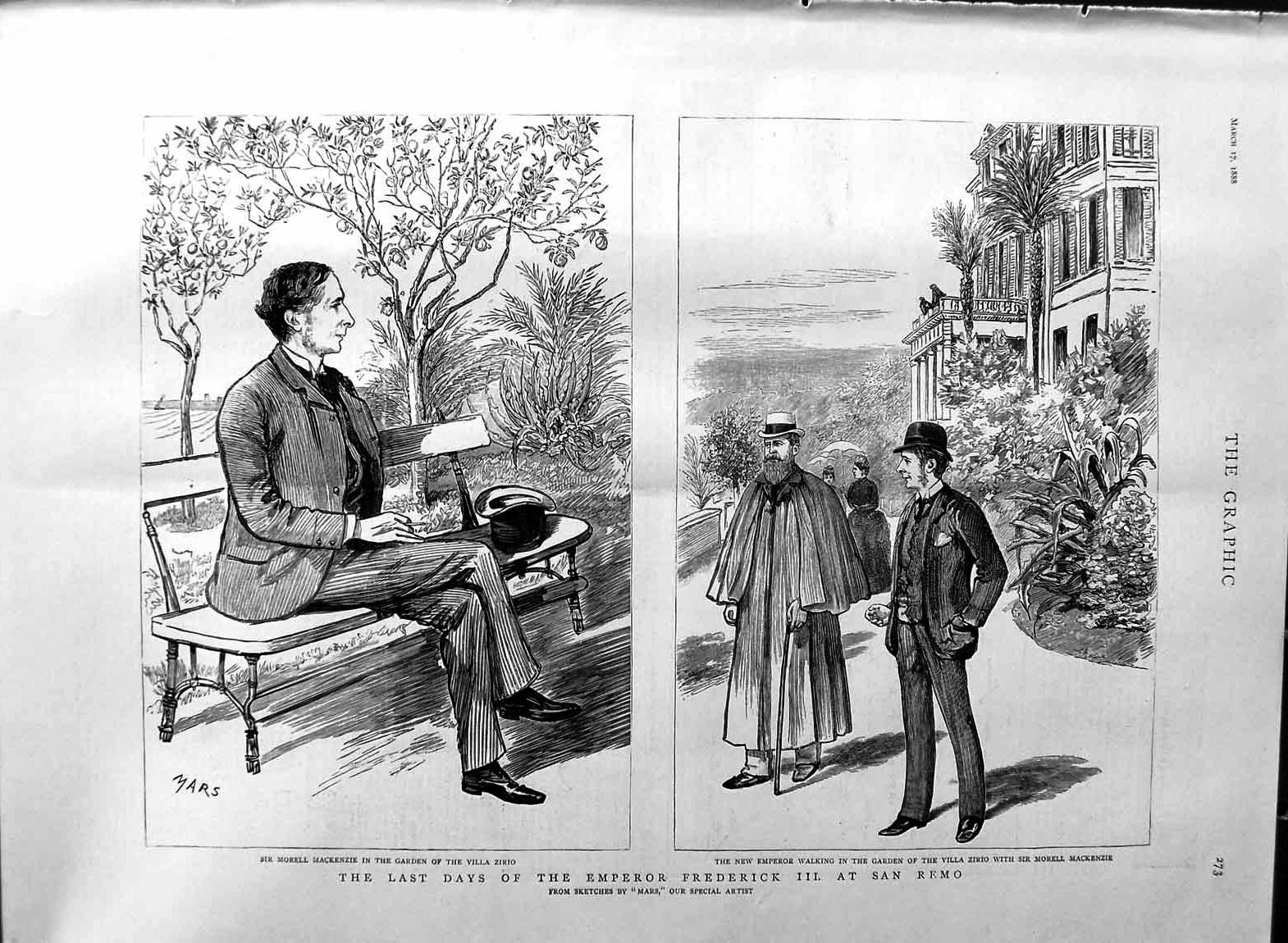 Old Antique Print 1888 Emperor Frederick San Remo Mackenzie Villa Zirio 19th