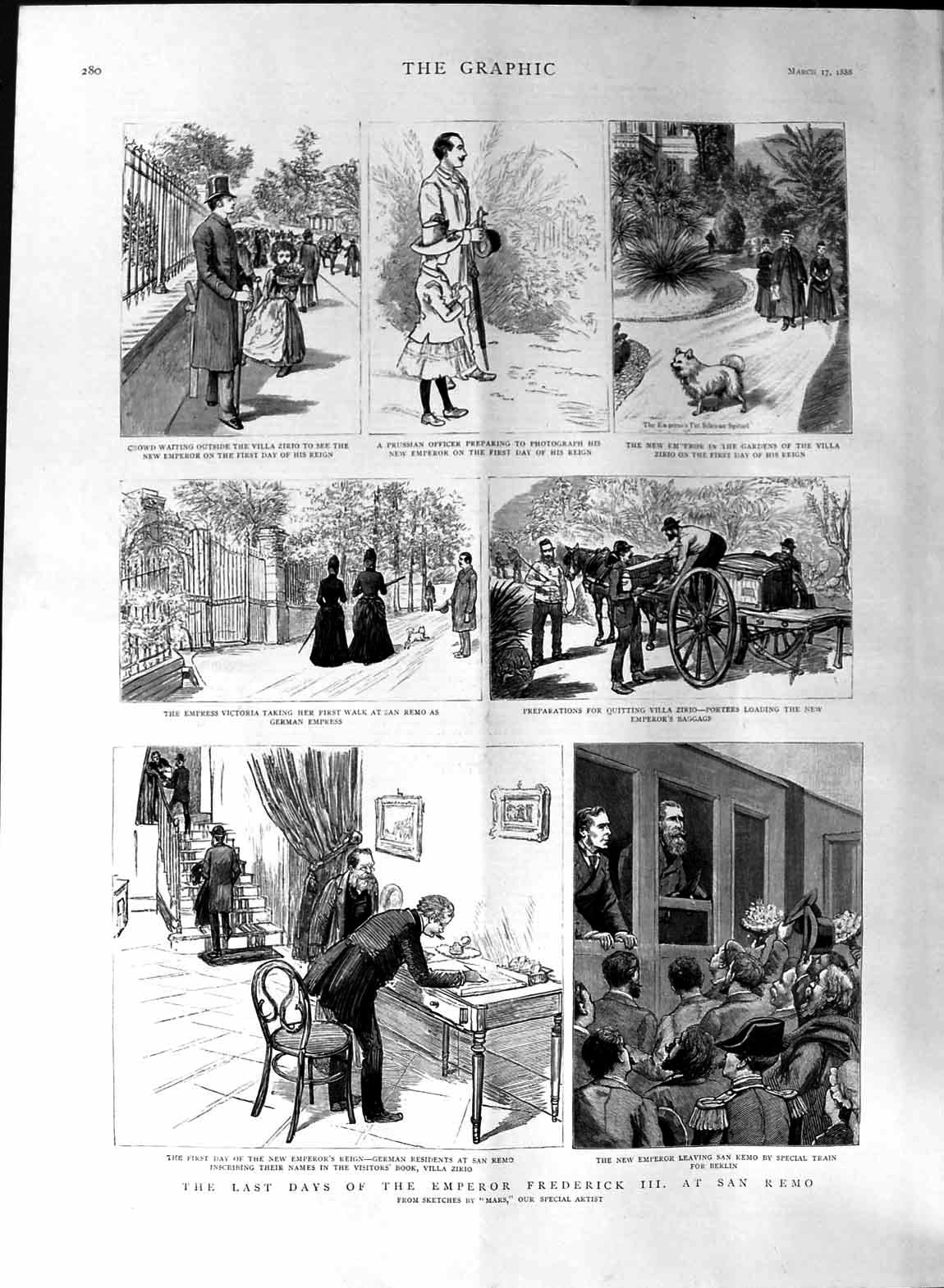 Old Antique Print 1888 Emperor Frederick San Remo Train Berlin Victoria 19th