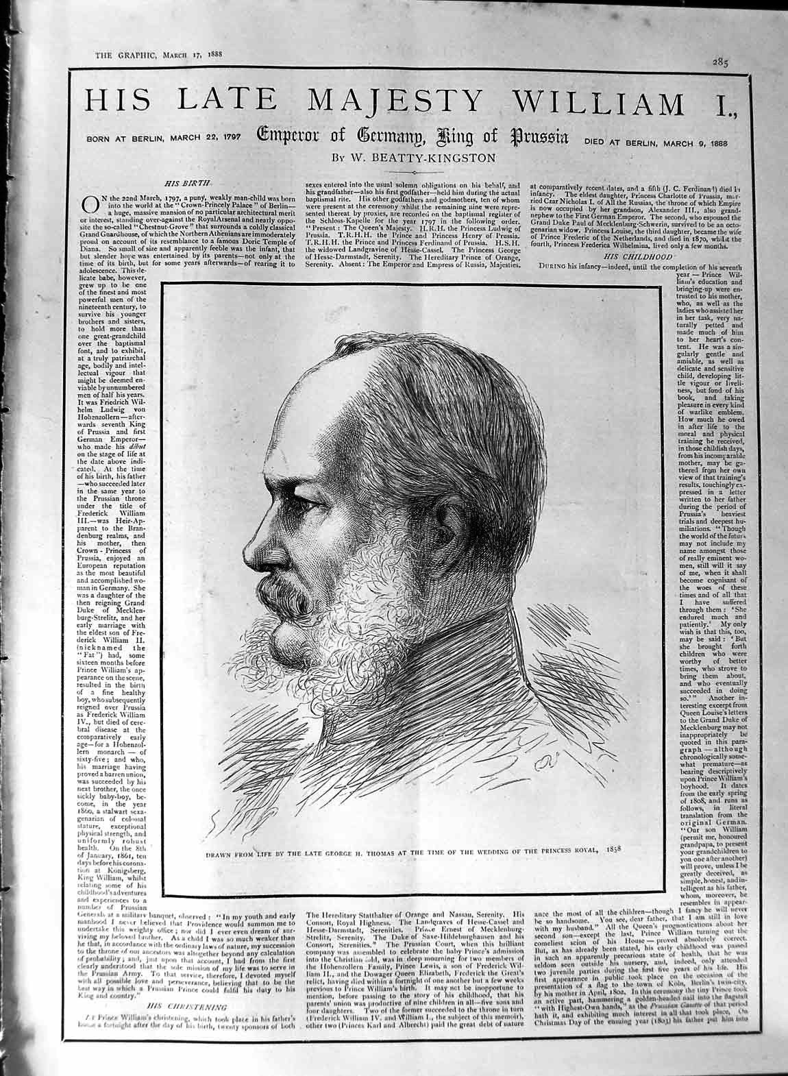 Original Old Antique Print 1888 King William Emperor Germany Prussia Koniggratz