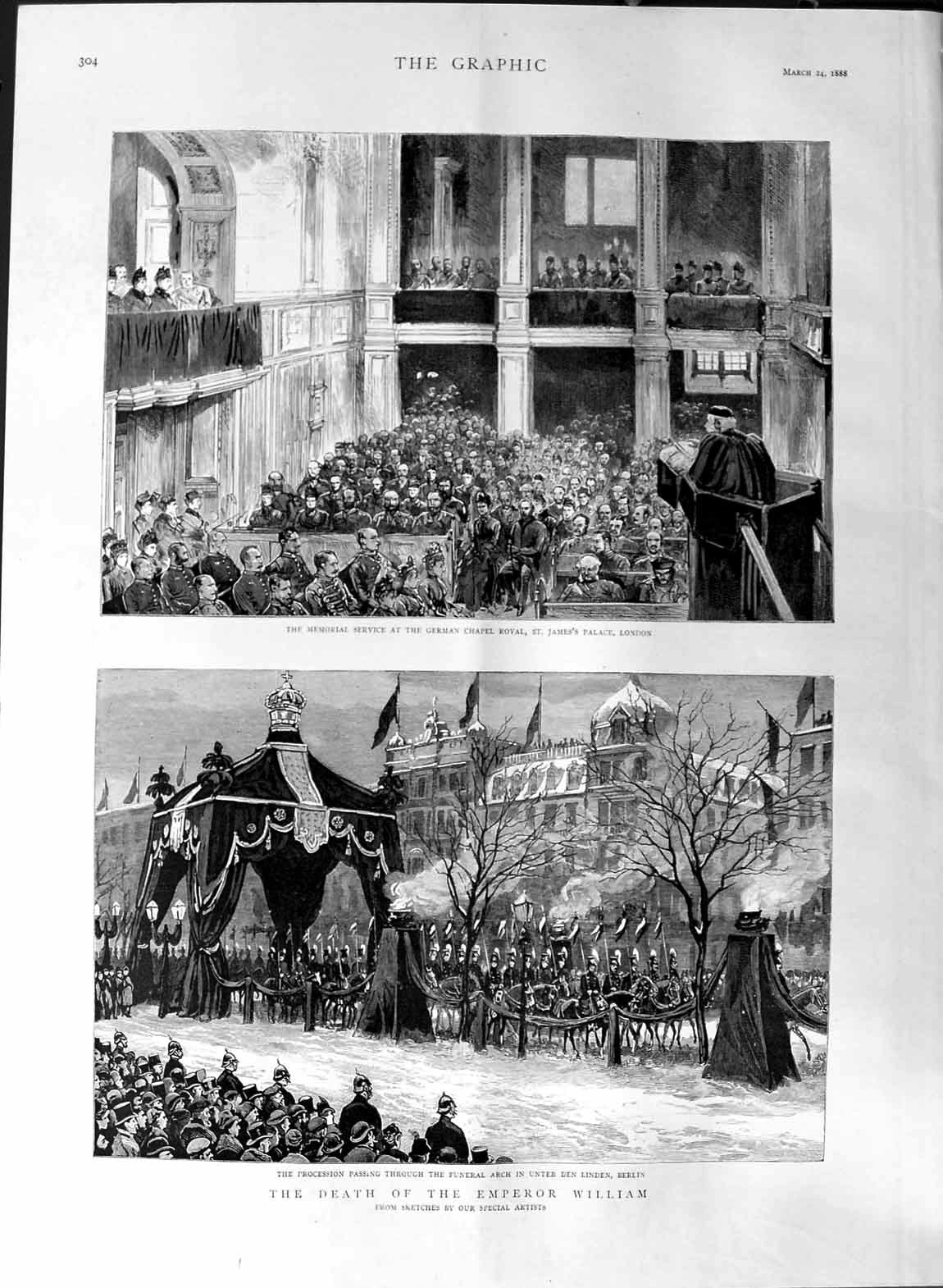 Old Antique Print 1888 Death Emperor William German Chapel London Berlin 19th