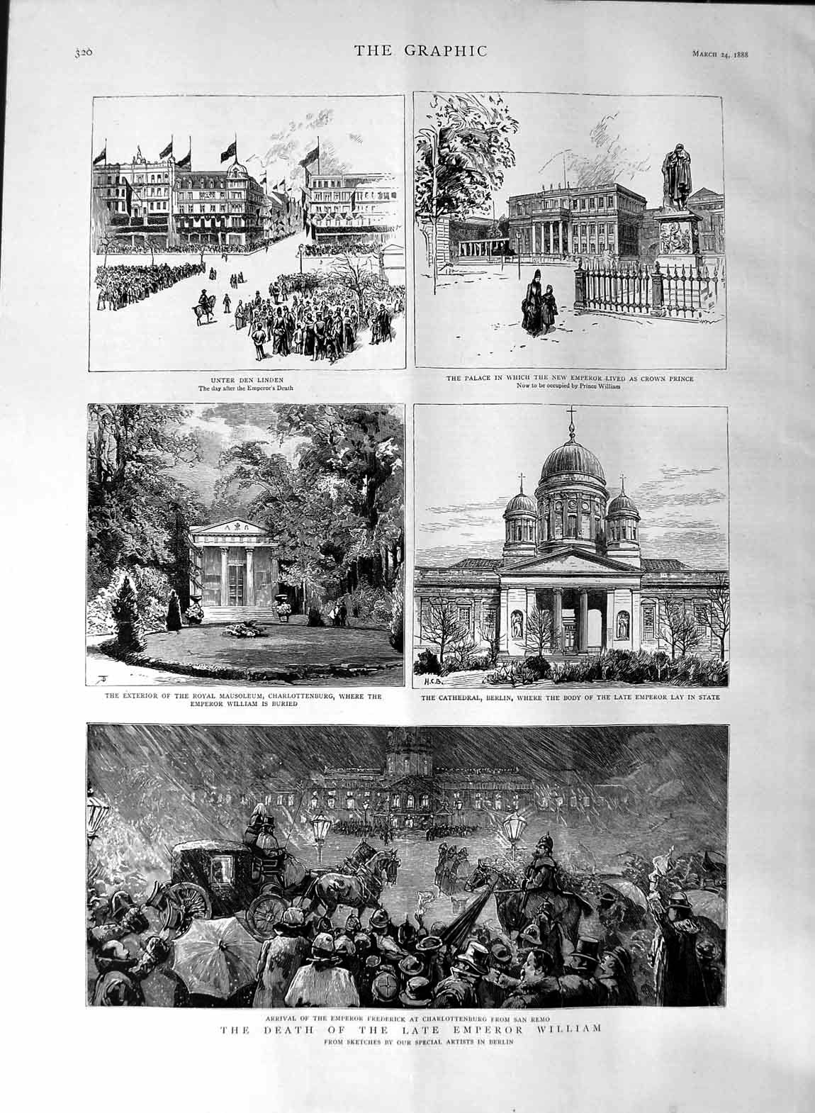 Old Antique Print 1888 Death Emperor William Charlottenburg Unter Linden 19th