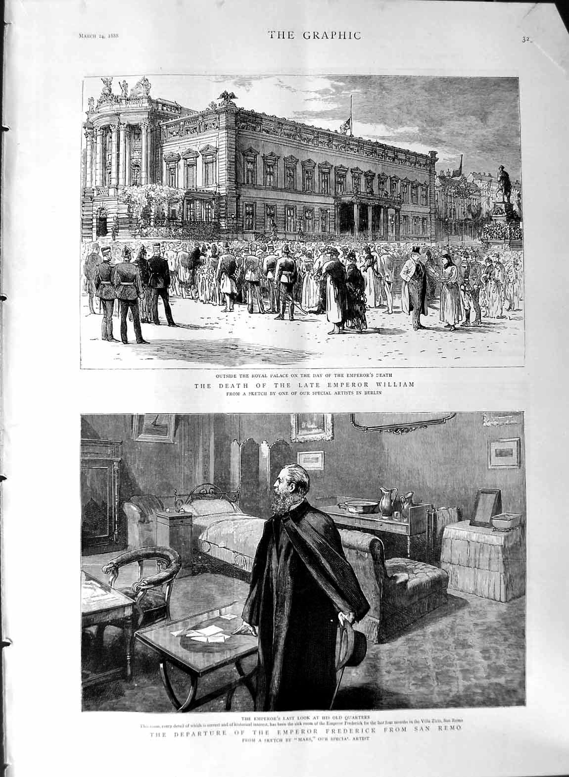 Old Antique Print 1888 Palace Berlin Emperor William Death Frederick Remo 19th