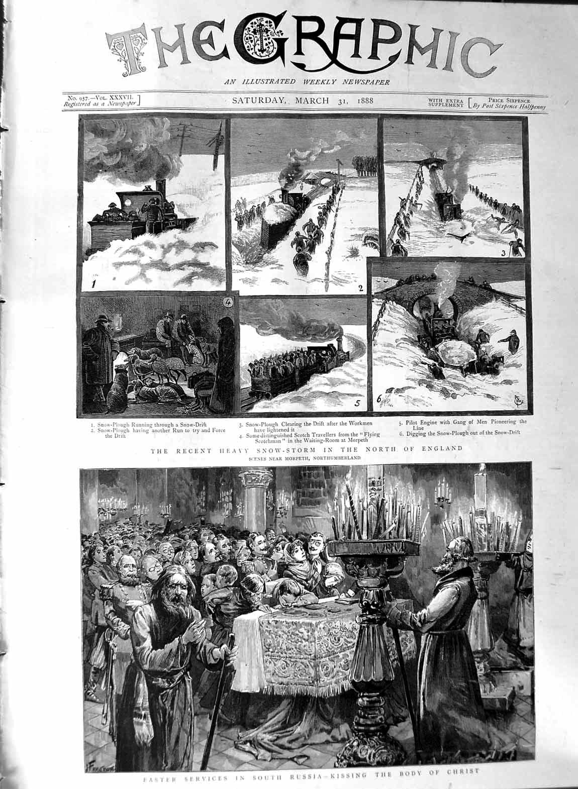 Original Old Antique Print 1888 Easter Russia Body Christ Snow Storm England