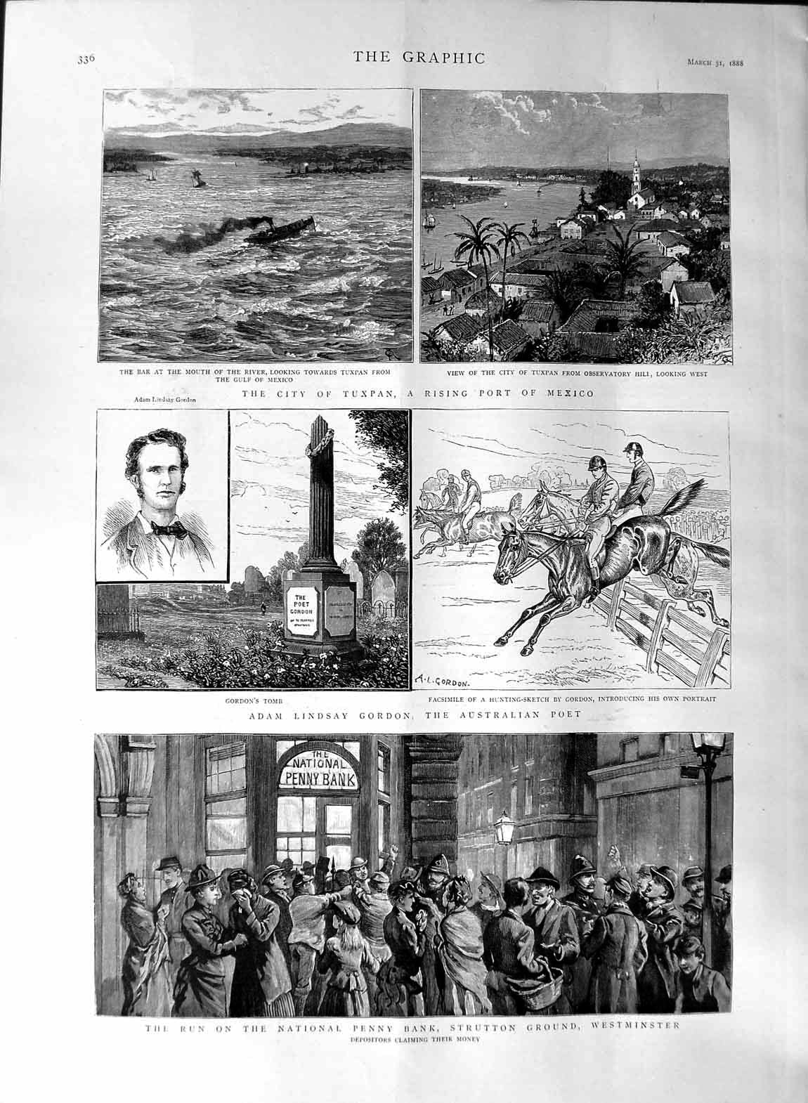 Original Old Antique Print 1888 Penny Bank Strutton Westminster Tuxpan Gordon