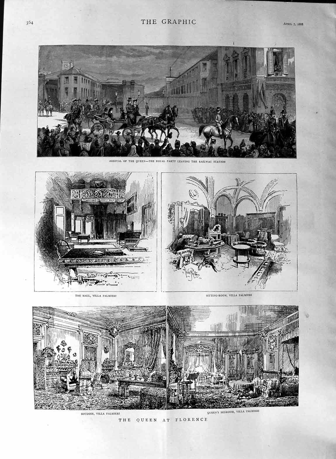 Original Old Antique Print 1888 Queen Florence Villa Palmieri Boudoir Bedroom