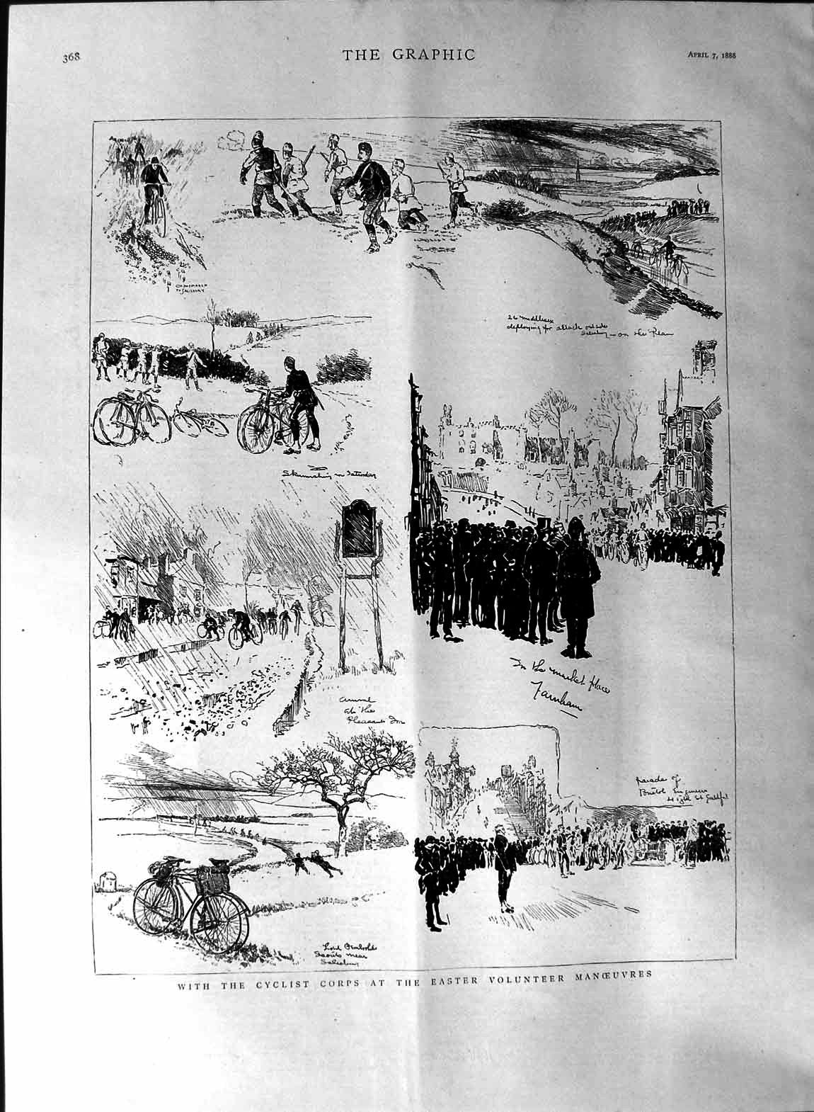 Old Antique Print 1888 Cyclists Corps Easter Volunteer Manoeuvres Sketch 19th