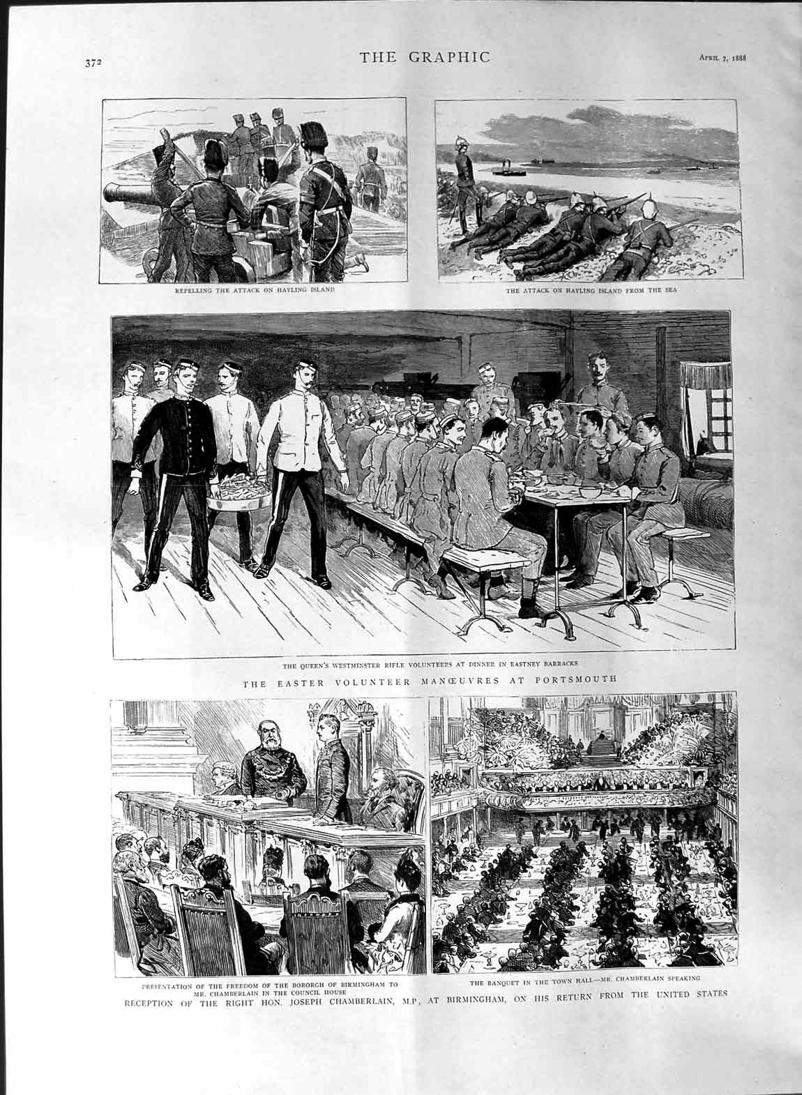 Original Old Antique Print 1888 Easter Volunteer Review Portsmouth Chamberlain