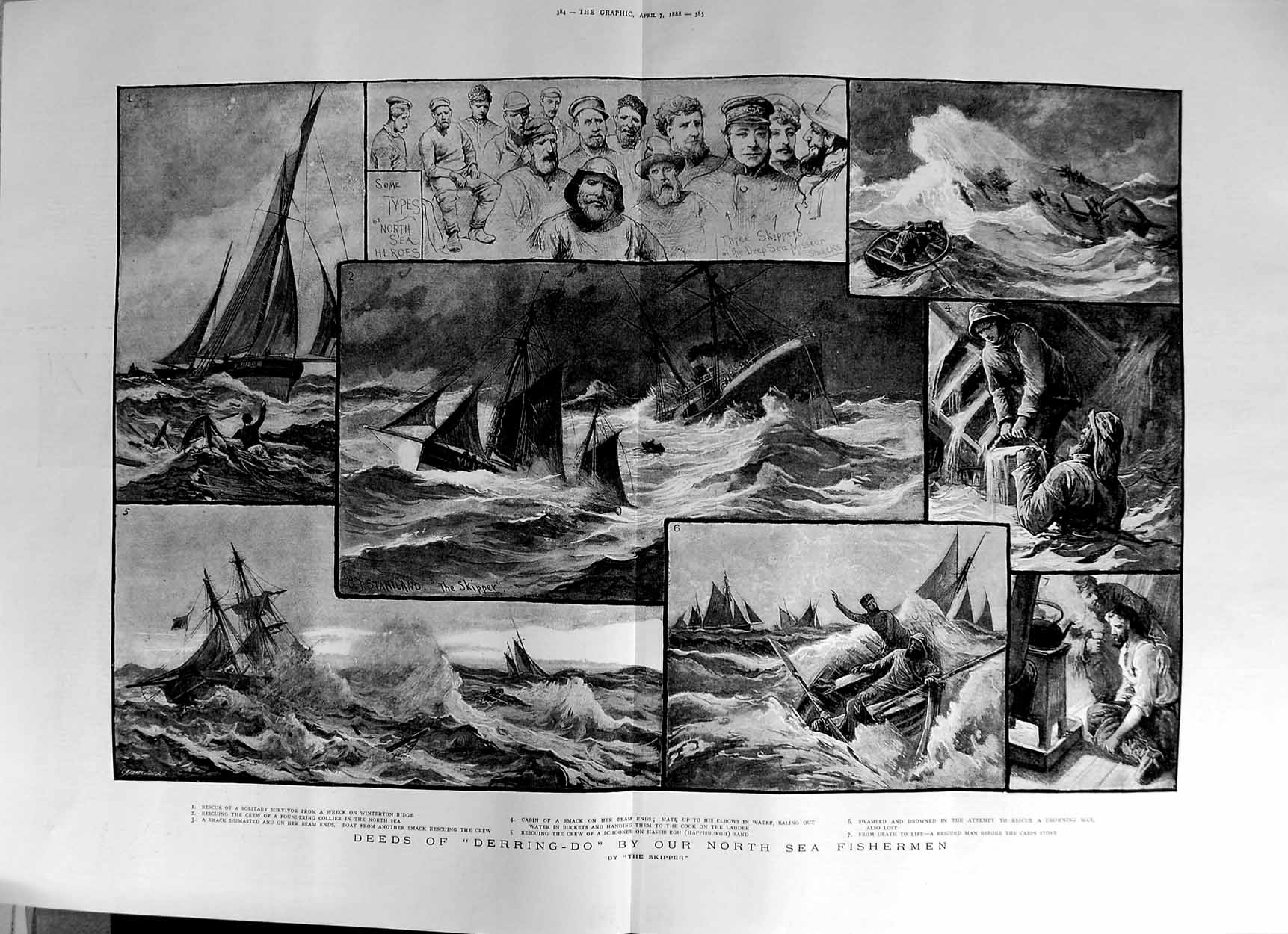Old Antique Print 1888 North Sea Fishermen Winterton Schooner Haseburgh 19th