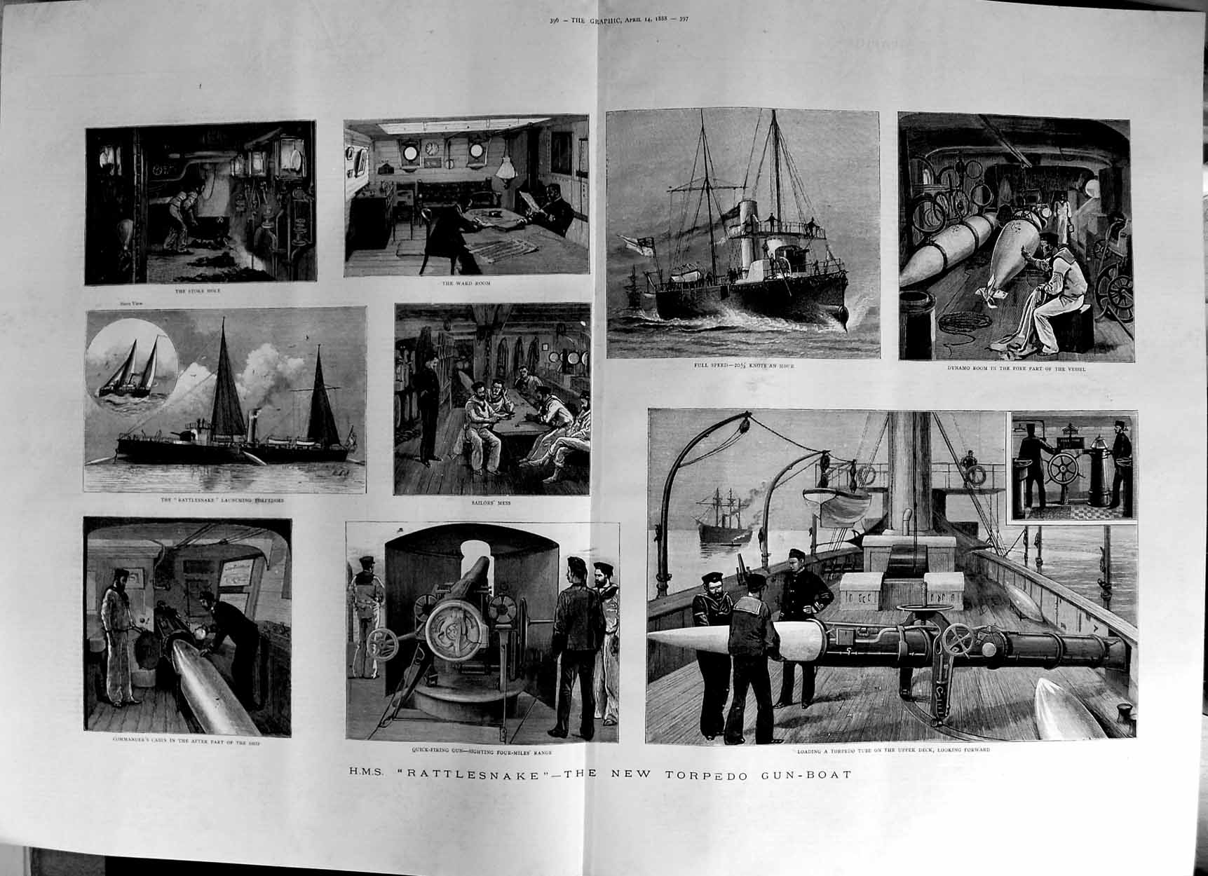 Antique Old Print 1888 Ship H.M.S Rattlesnake Torpedo Gun Boat War Sailor 19th