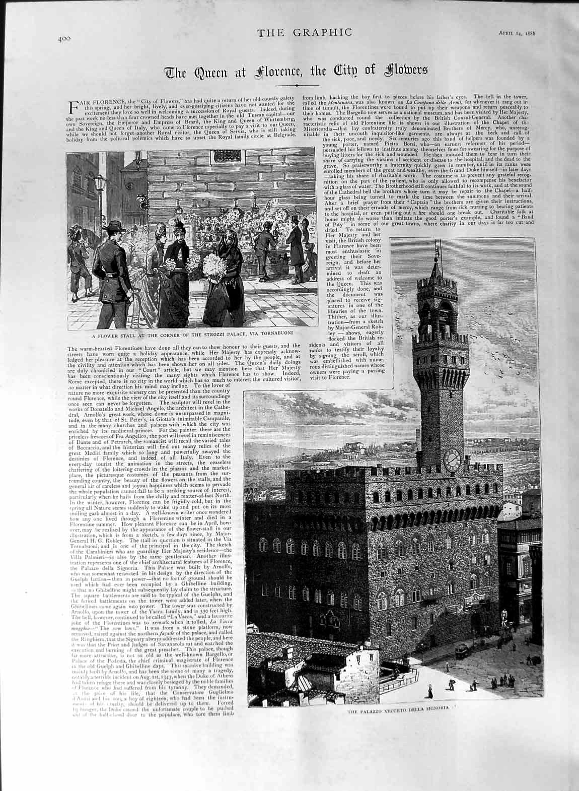 Original Old Antique Print 1888 Queen Florence Palazzo Vecchio Signoria Miniato