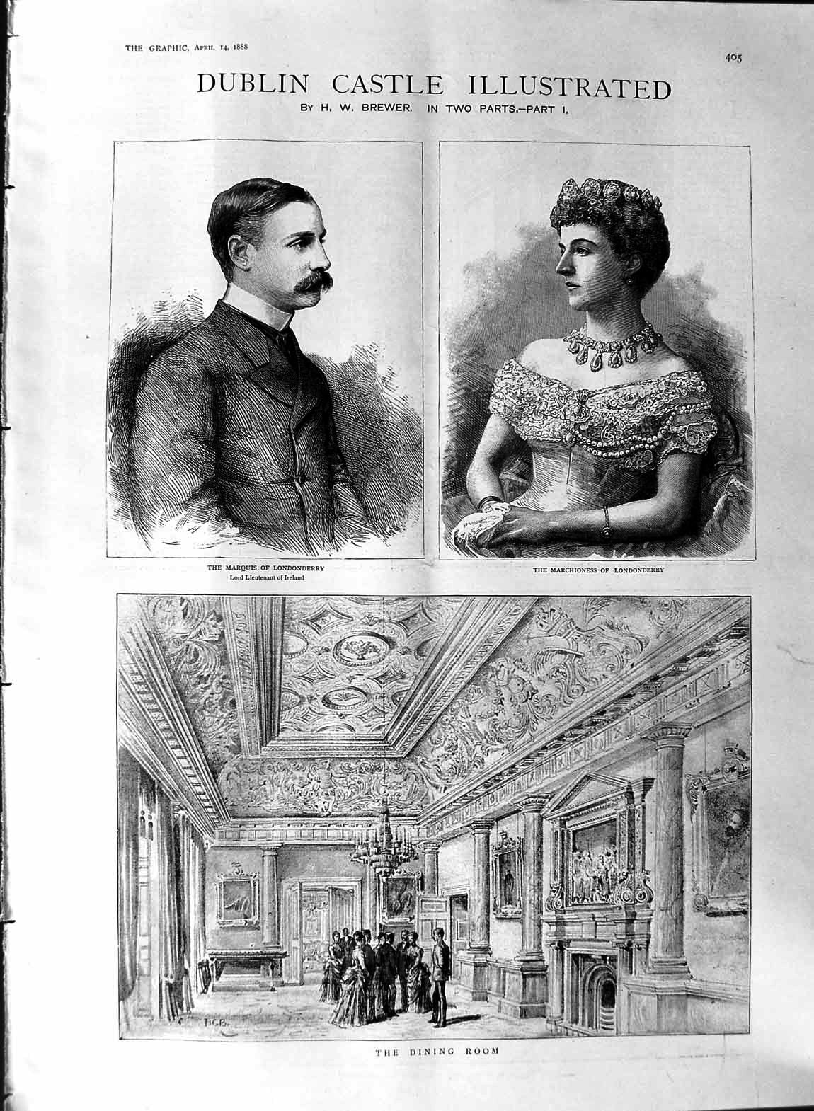 Old Antique Print 1888 Dublin Castle Marquis Londonderry Ireland Patrick 19th