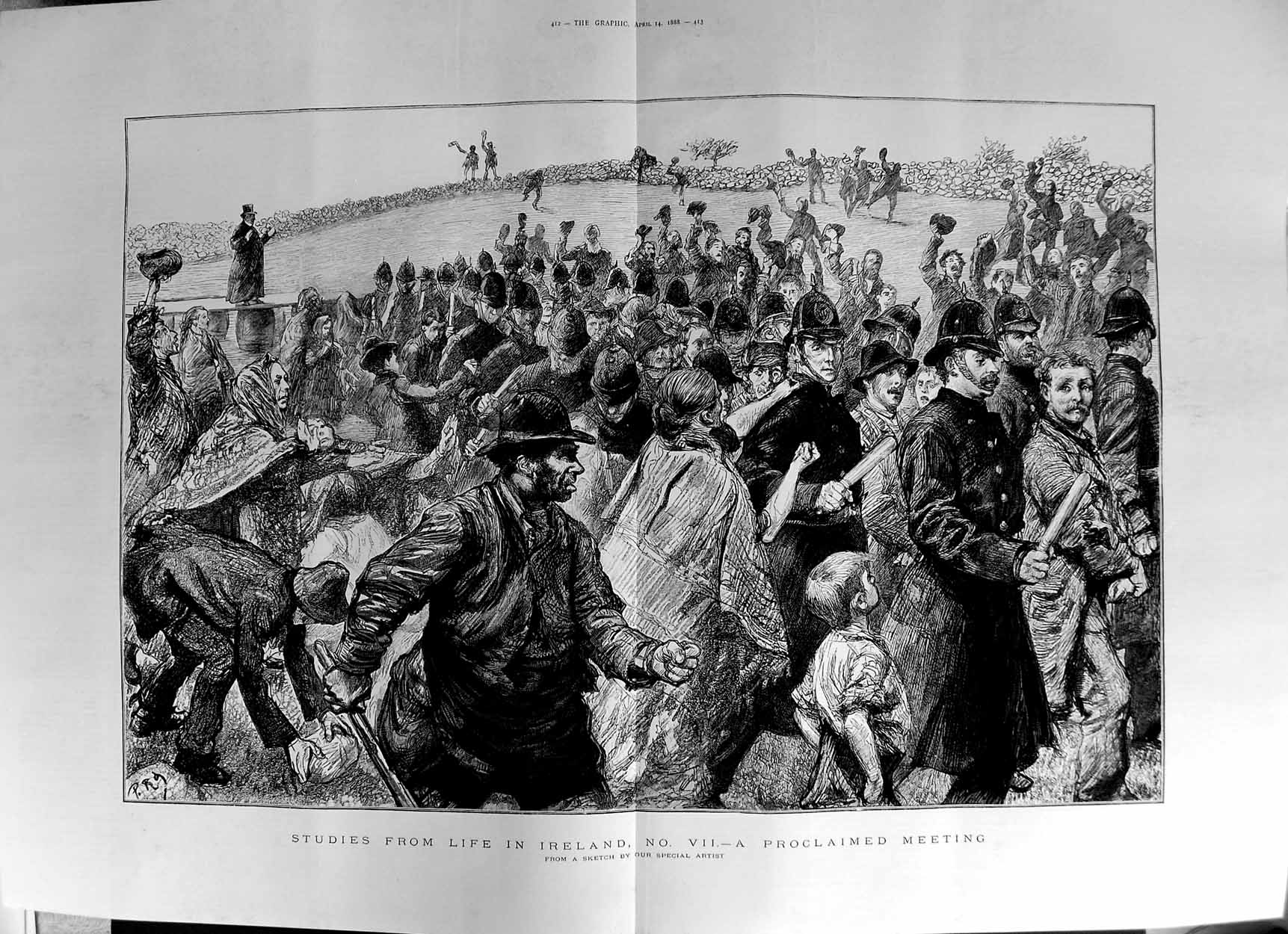 Old Antique Print 1888 Life Ireland Proclaimed Meeting Police Man People 19th