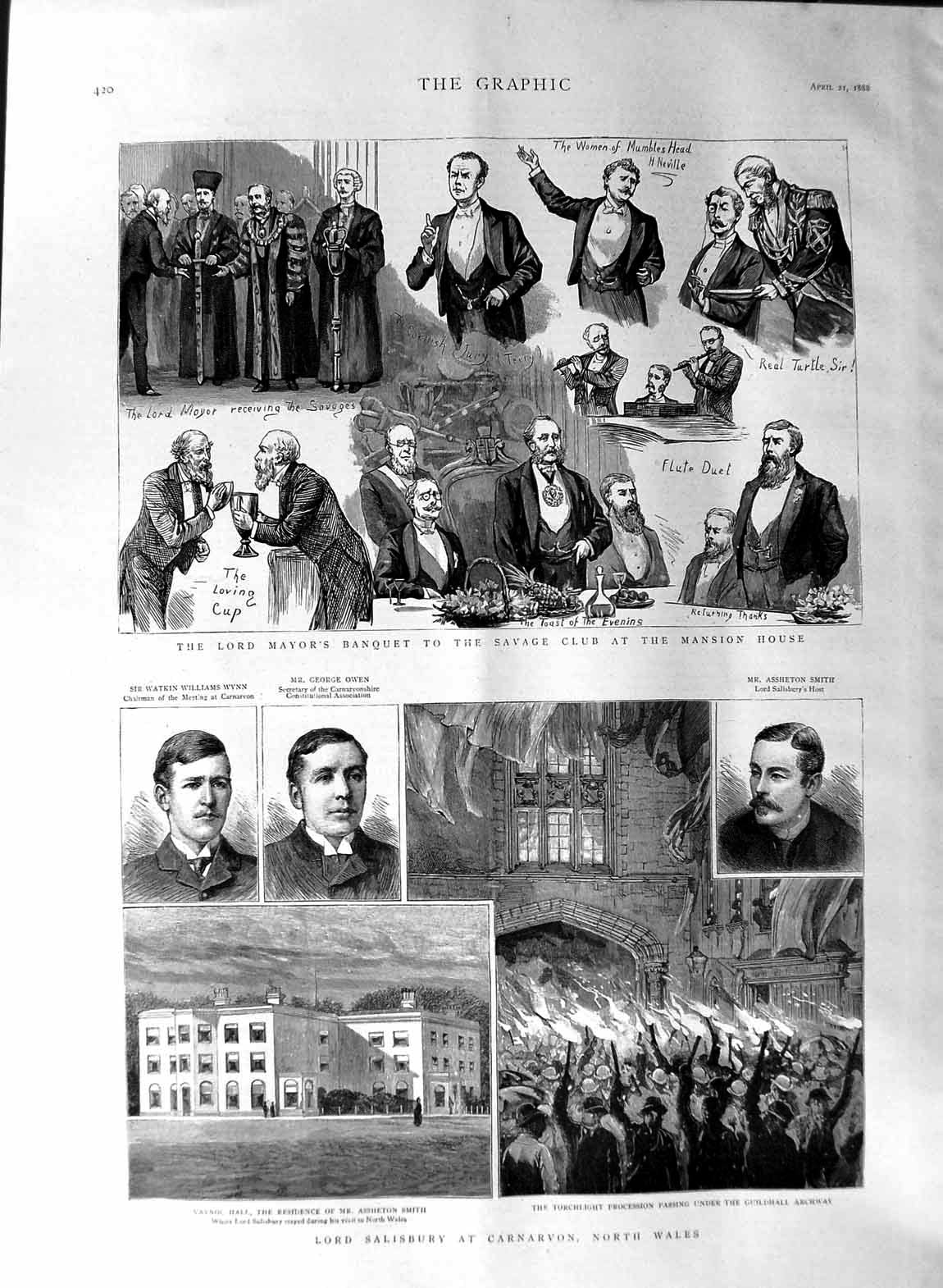 Old Antique Print 1888 Lord Salisbury Carnarvon Wales Mayor Savage Club 19th