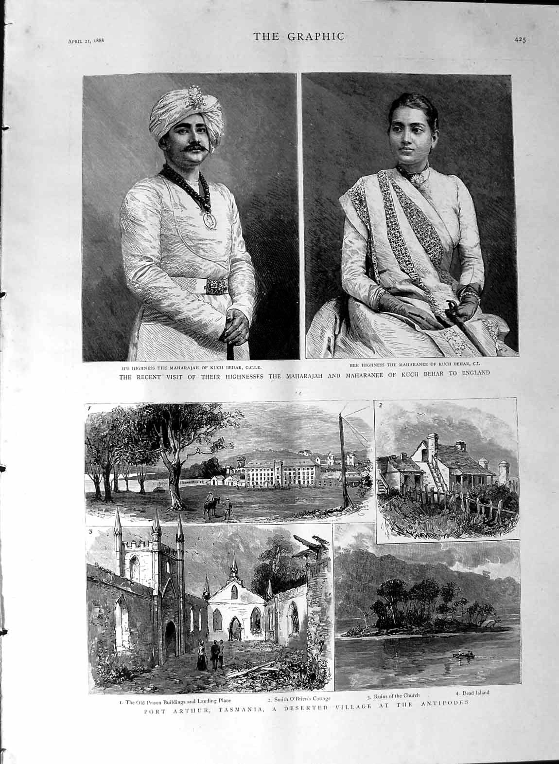 Original Old Antique Print 1888 Arthur Tasmania Antipodes Maharajah Kuch Behar