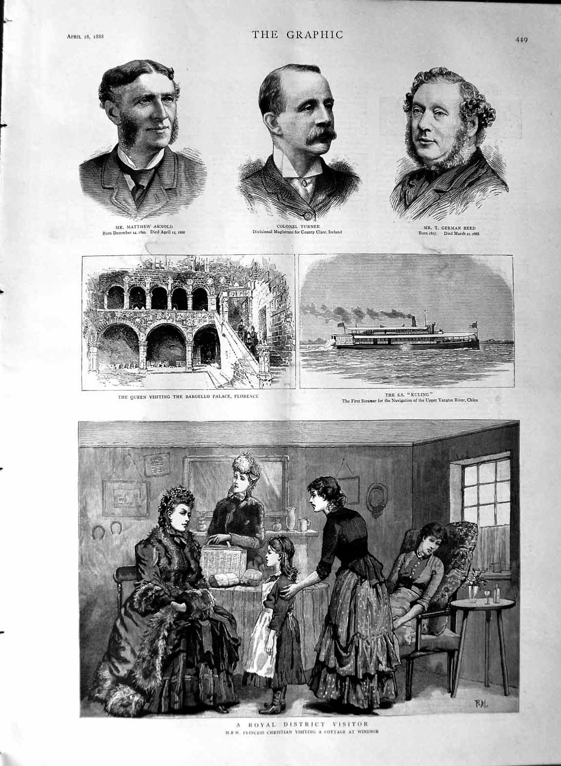 Original Old Antique Print 1888 Princess Christian Windsor Florence Ship Turner