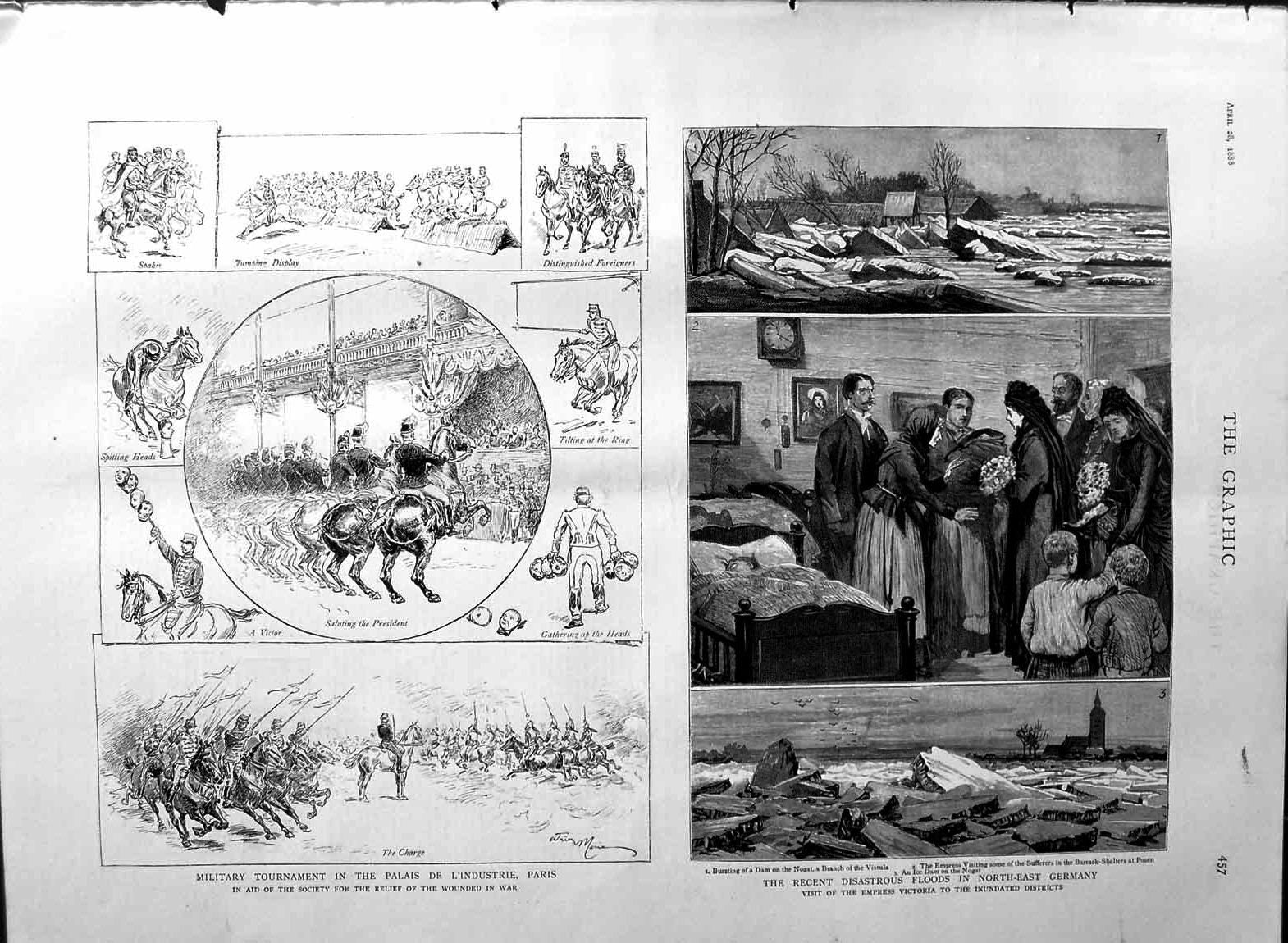 Original Old Antique Print 1888 Floods Germany Military Tournament Palais Paris